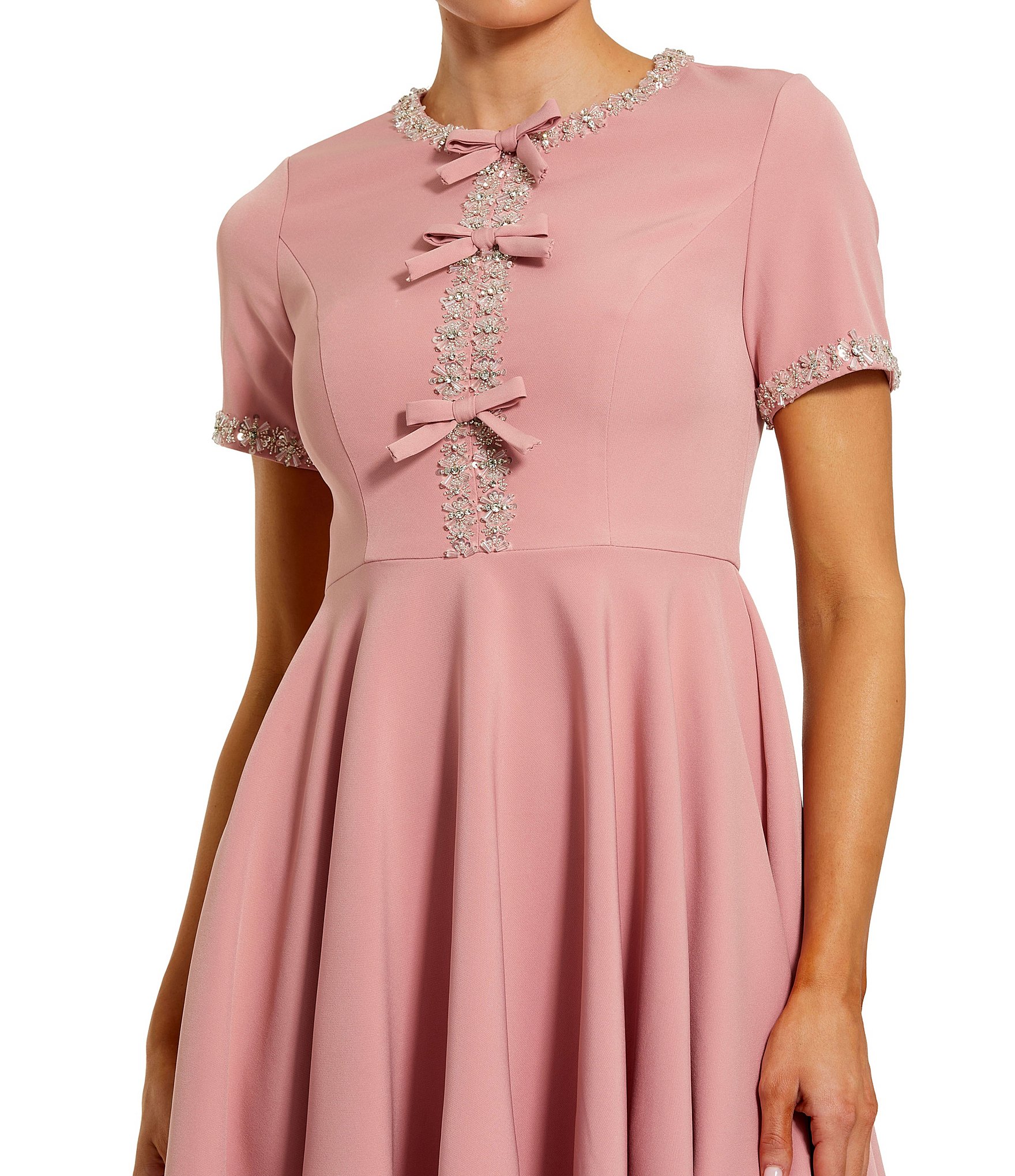Mac Duggal Short Sleeve Bow Front Crepe Short Dress