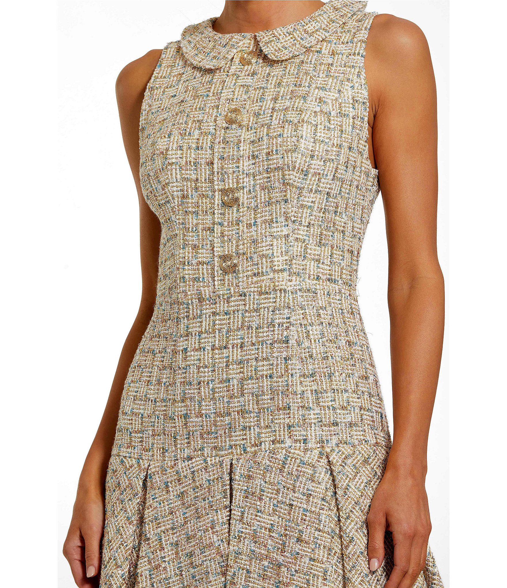 Mac Duggal Sleeveless Button Up Boucle Pleated Mini Dress