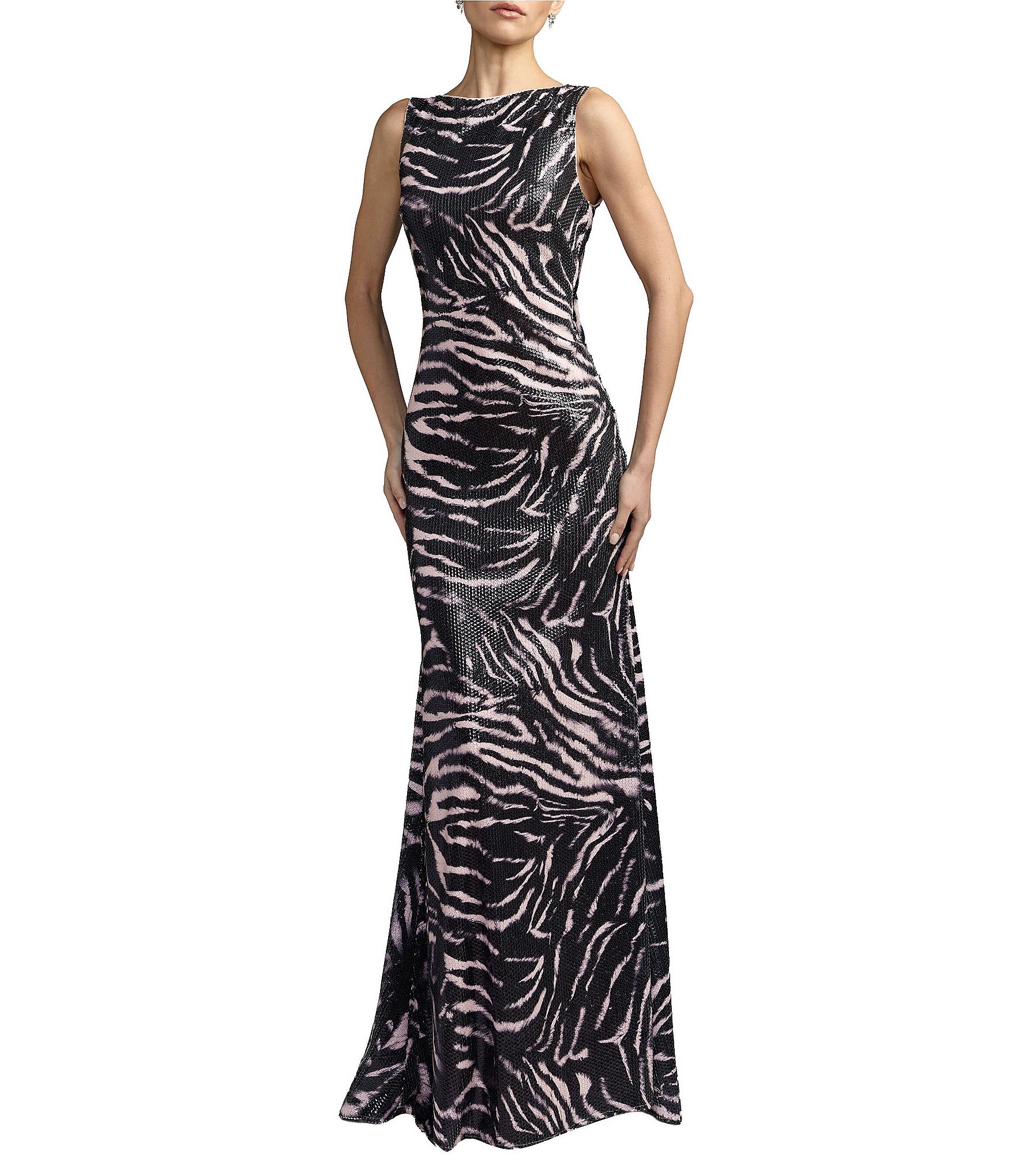 Mac Duggal Sleeveless Cowl Back Tiger Print Sequin Gown
