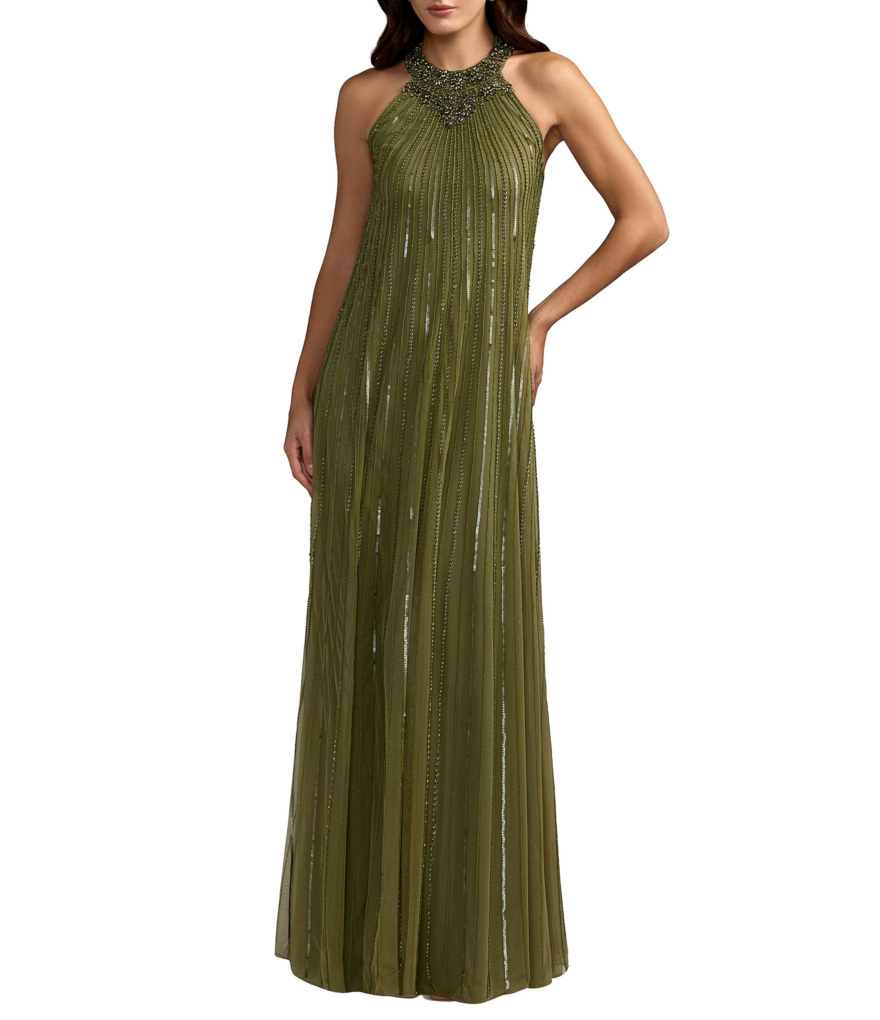 Mac Duggal Sleeveless Halter Neck Mesh Sequin Gown