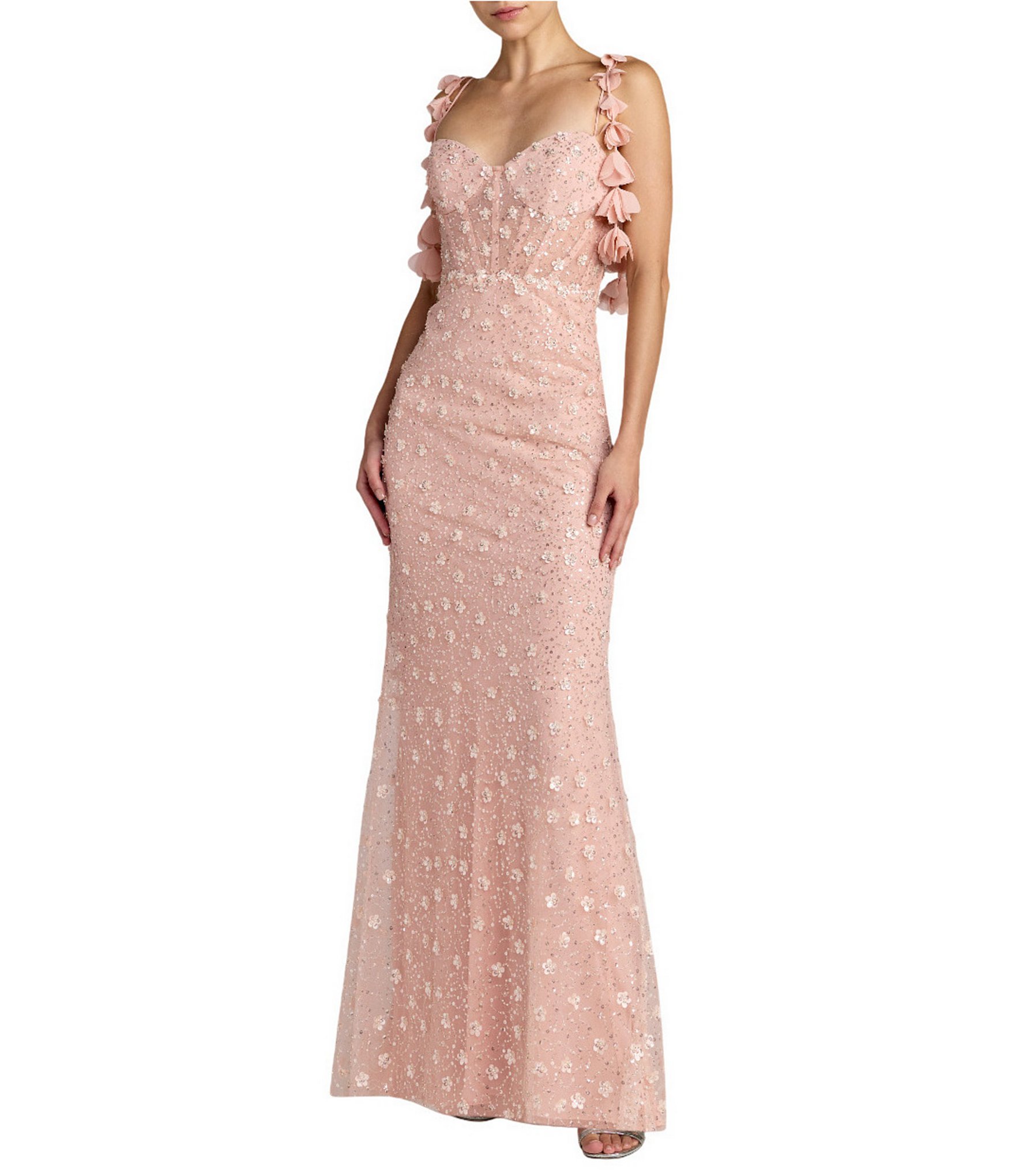 Mac Duggal Sleeveless Sequin Mesh Embellished Floral Detail Column Gown