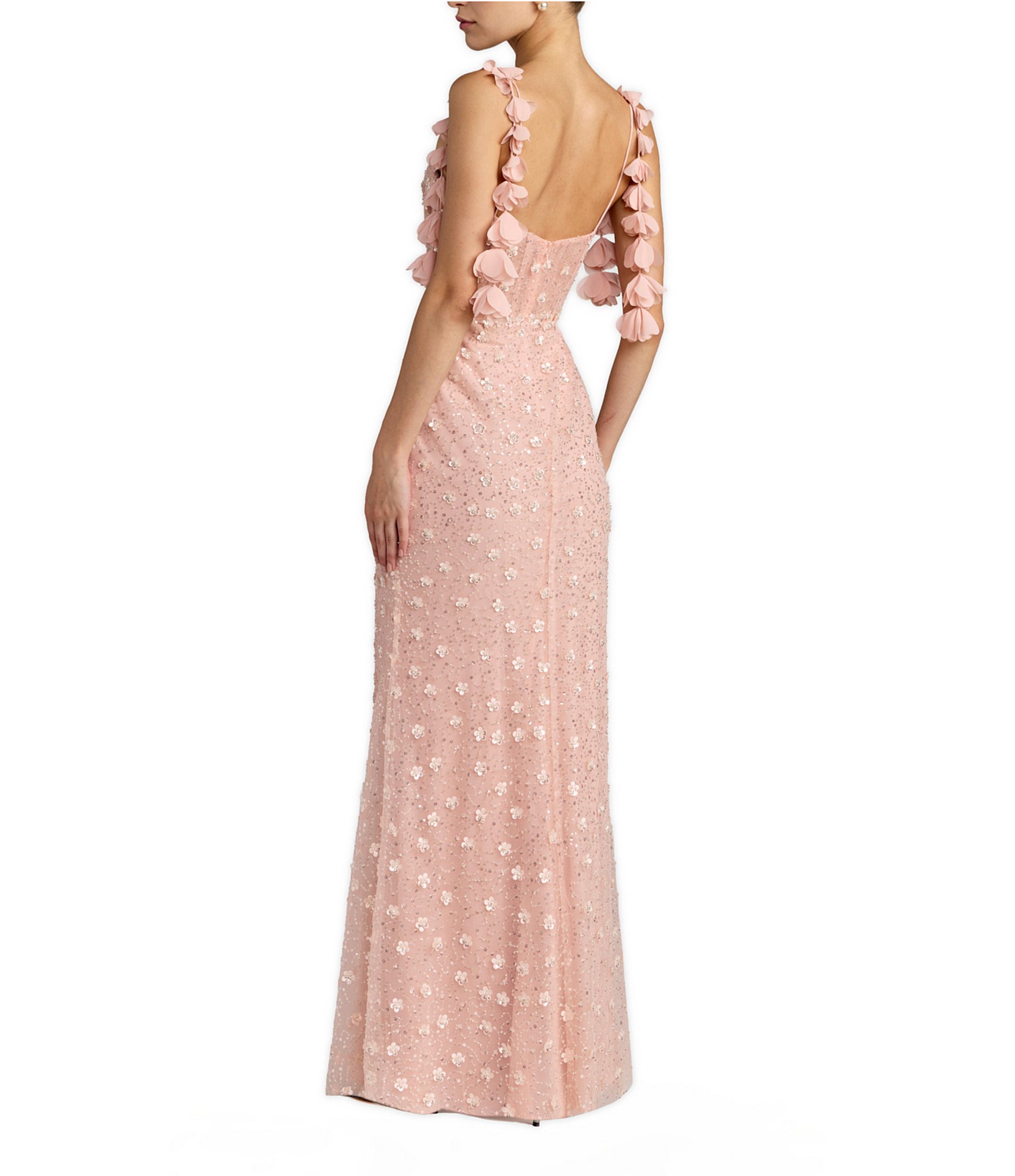 Mac Duggal Sleeveless Sequin Mesh Embellished Floral Detail Column Gown