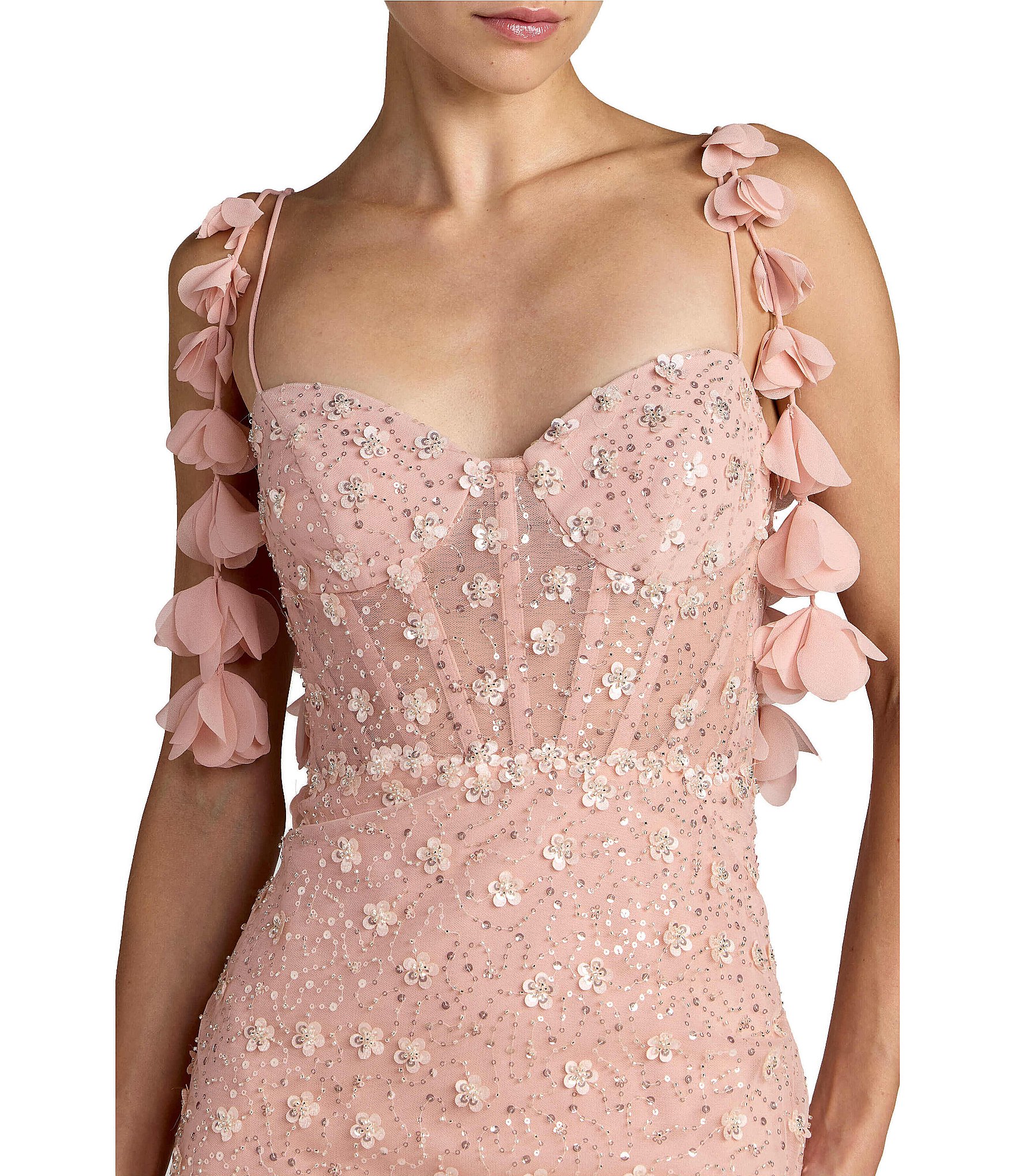 Mac Duggal Sleeveless Sequin Mesh Embellished Floral Detail Column Gown