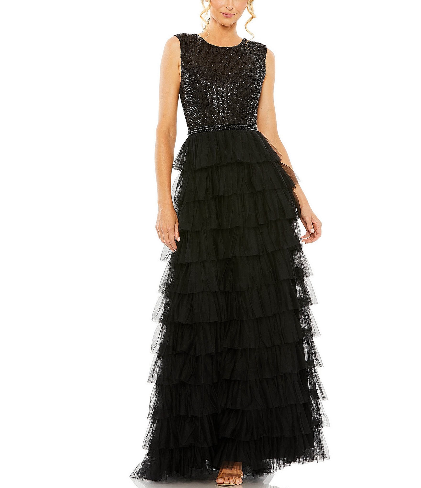 Mac Duggal Sleeveless Tiered Ruffled Sequin Crew Neck Gown | Dillard's