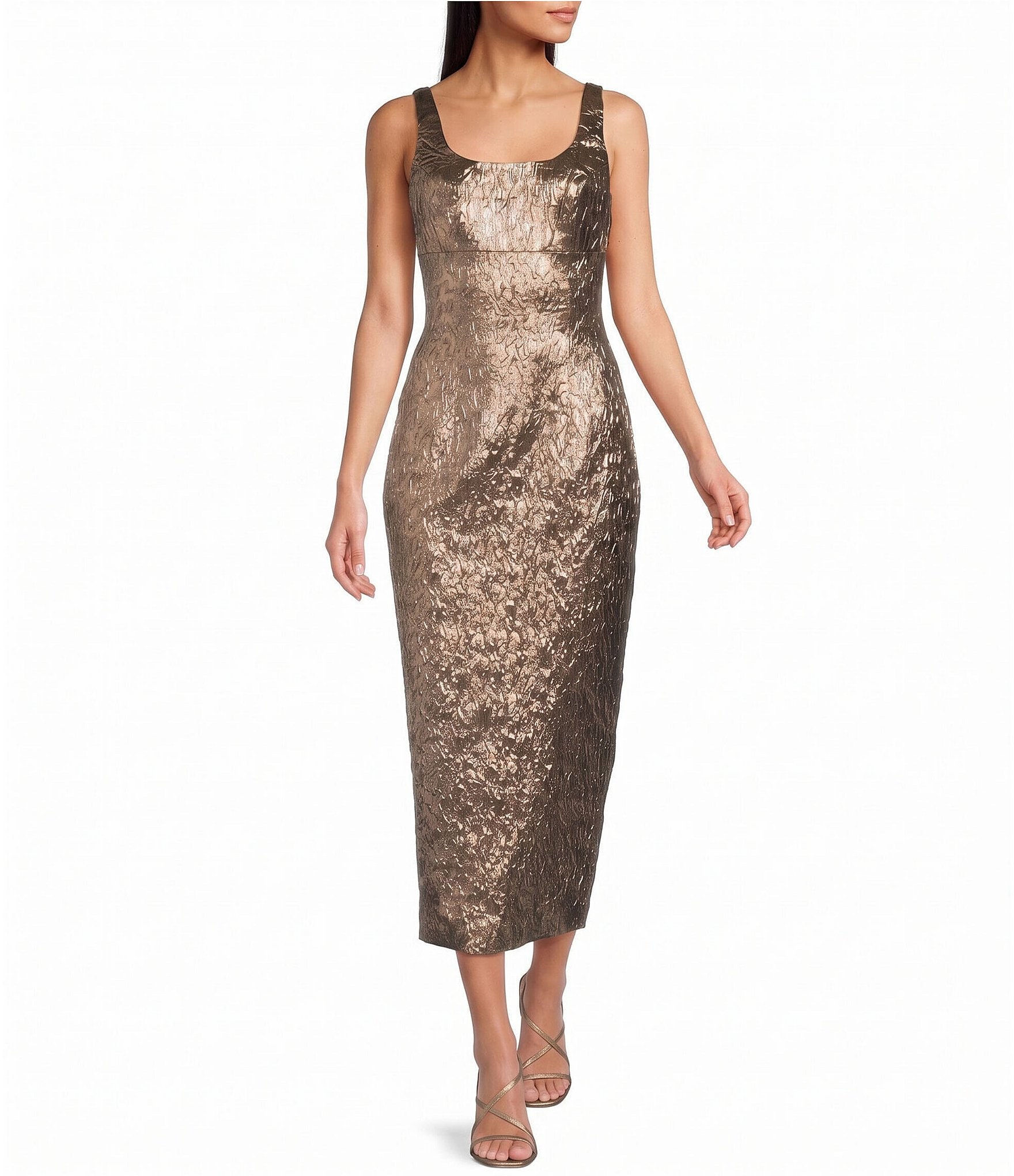 Mac Duggal Square Neck Brocade Metallic Midi Dress