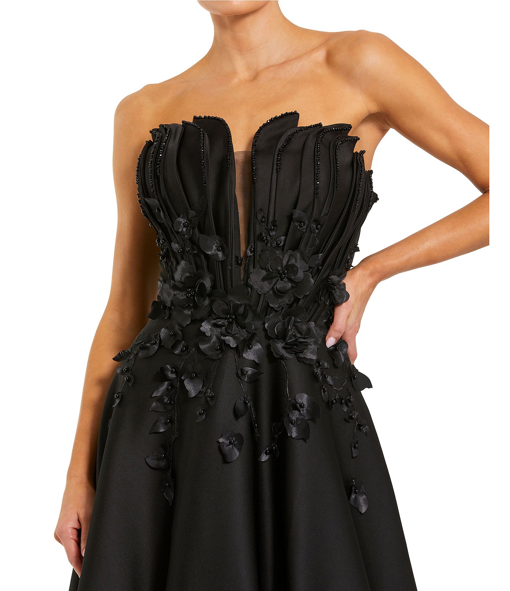 Mac Duggal Strapless Satin Floral Beaded Embellished Gown