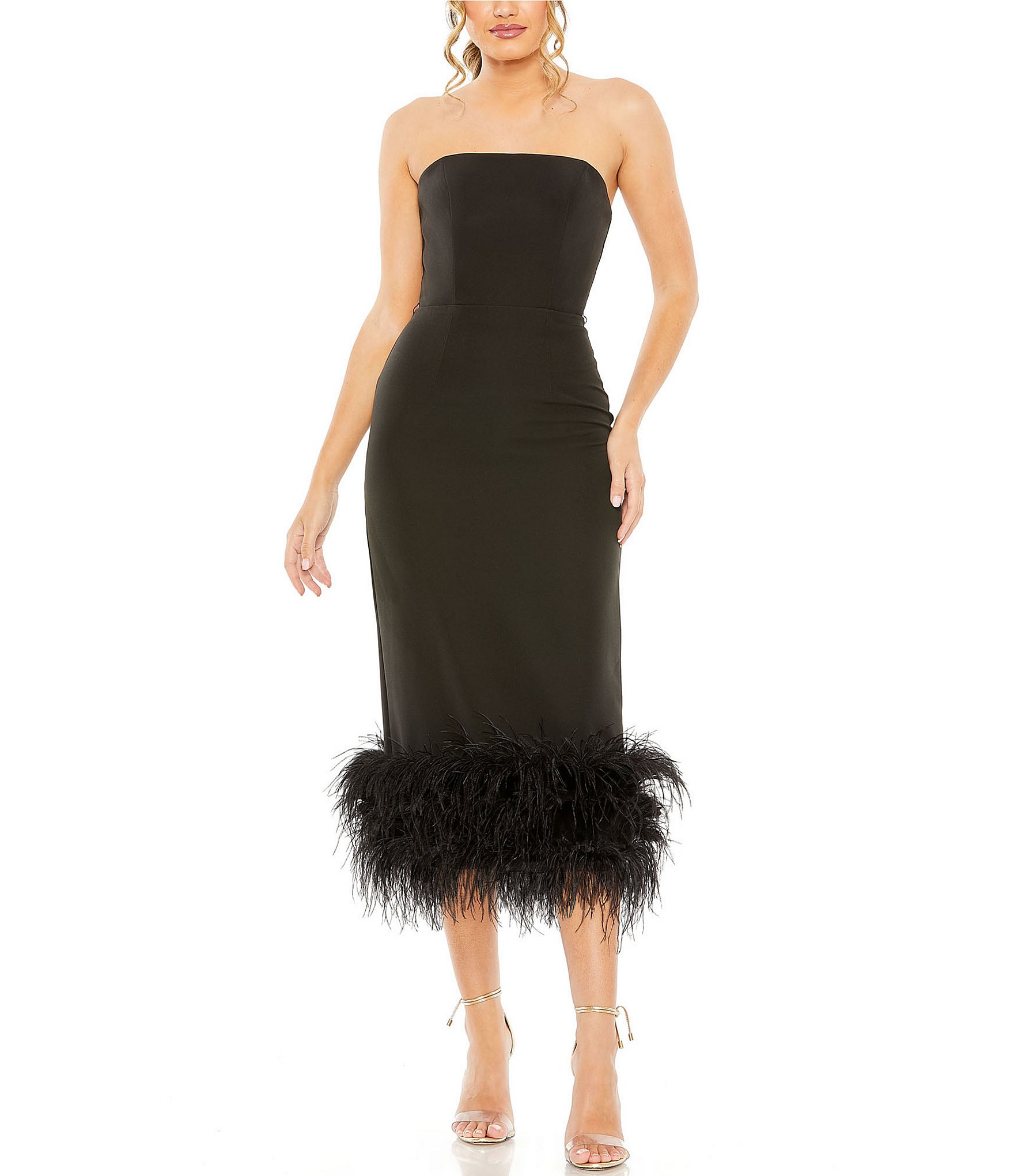 Mac Duggal Strapless Sleeveless Feather Trim Midi Dress | Dillard's