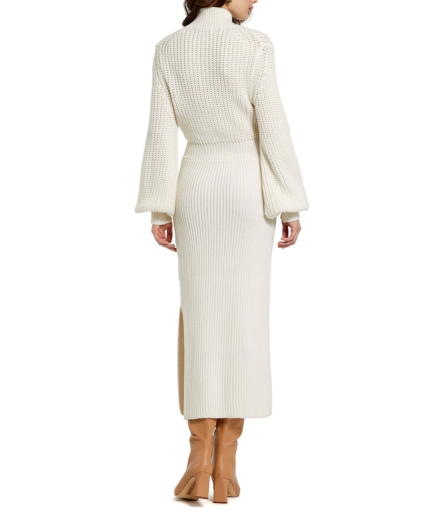 Mac Duggal Sweater Knit Turtleneck Long Balloon Sleeve Midi Dress