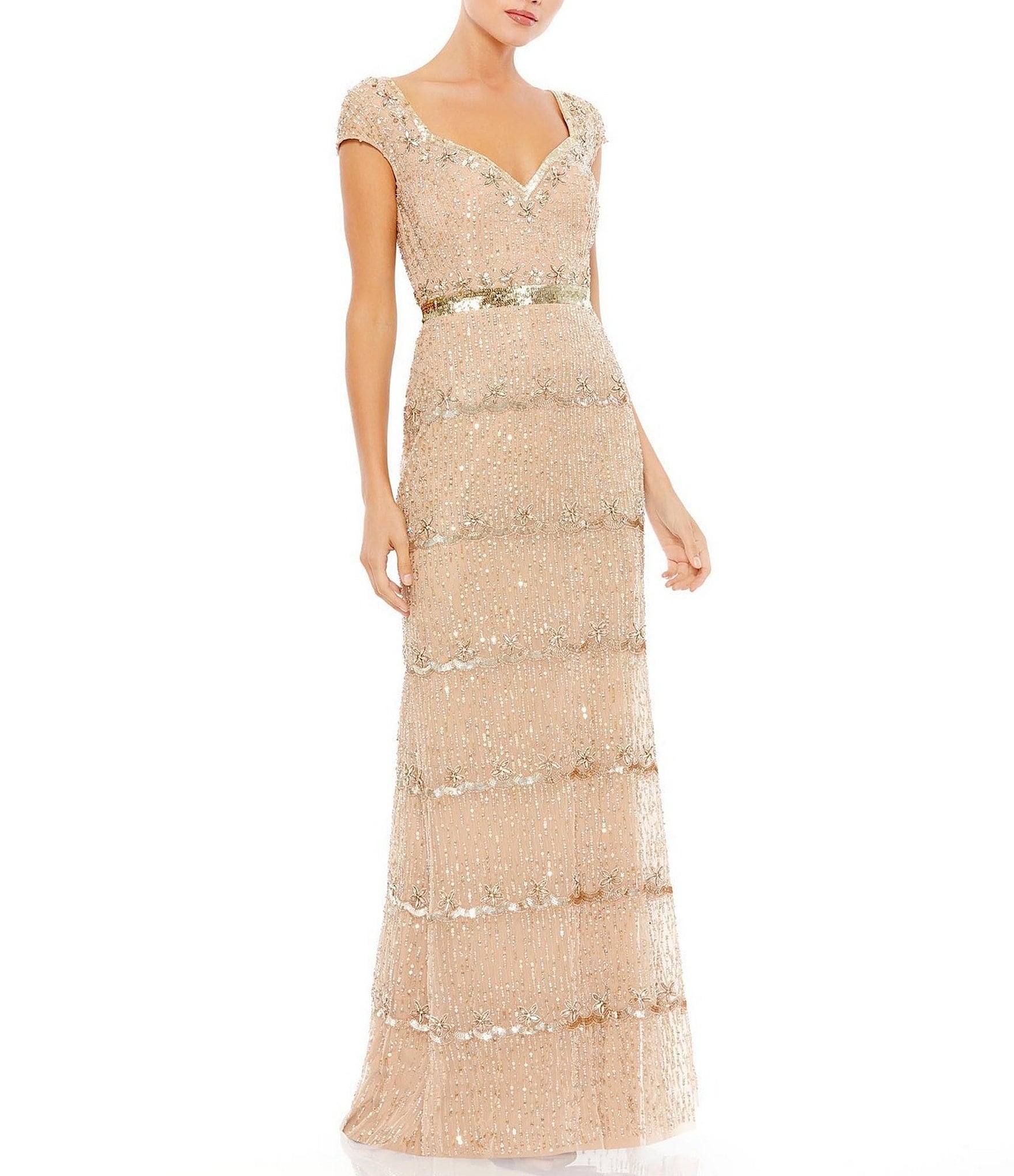 Mac Duggal Sweetheart Neck Cap Sleeve Teired Sequin Column Gown | Dillard's