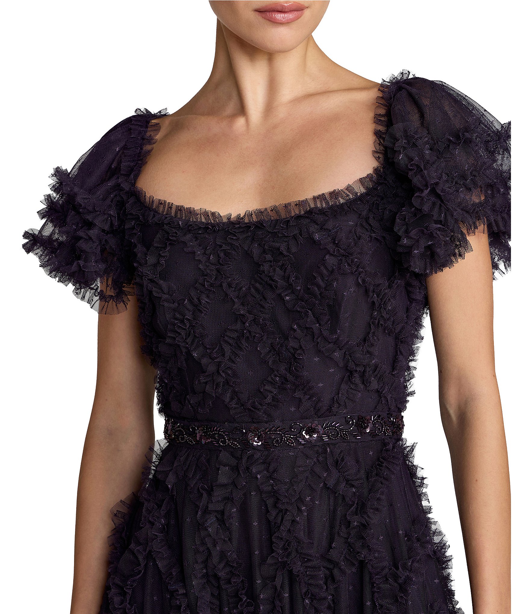 Mac Duggal Sweetheart Neck Short Sleeve Micro Ruffle Tiered Gown