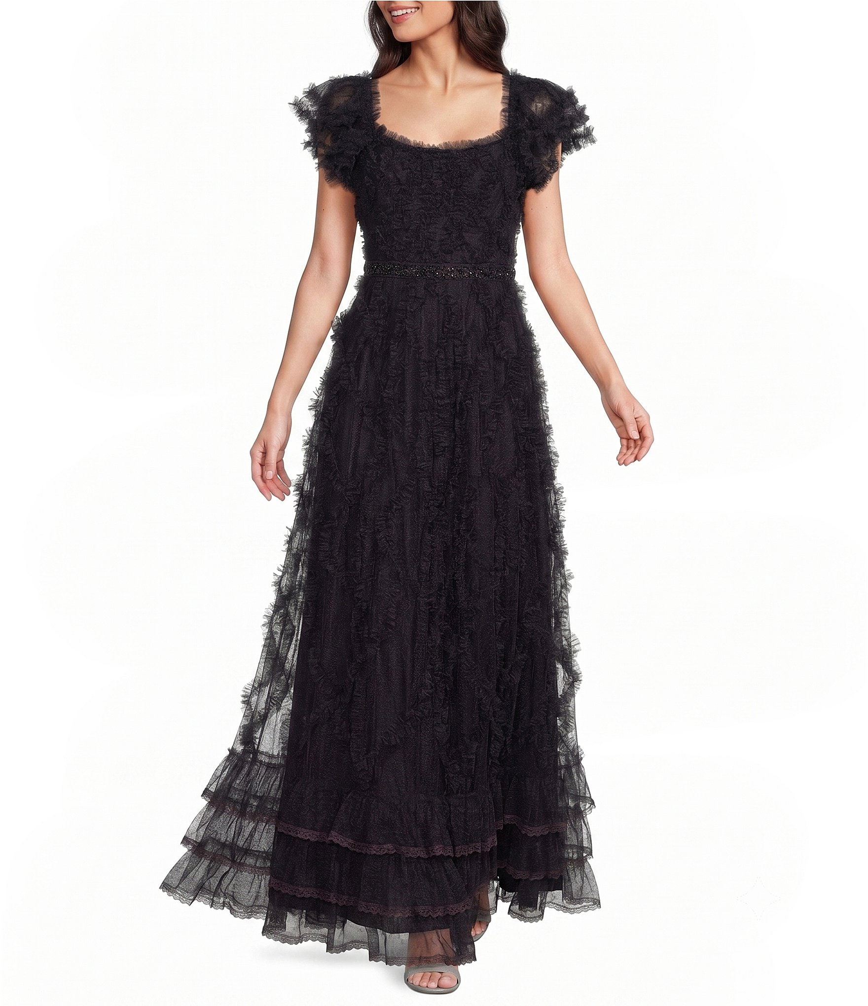 Mac Duggal Sweetheart Neck Short Sleeve Micro Ruffle Tiered Gown