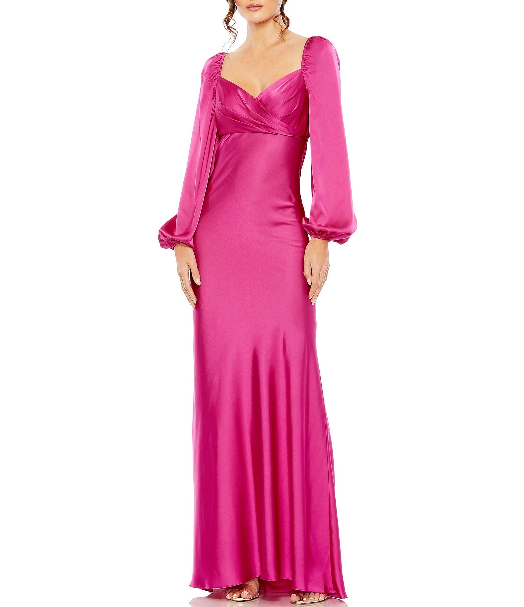 Mac Duggal Sweetheart Neckline Long Sleeve Empire Waist Satin Gown