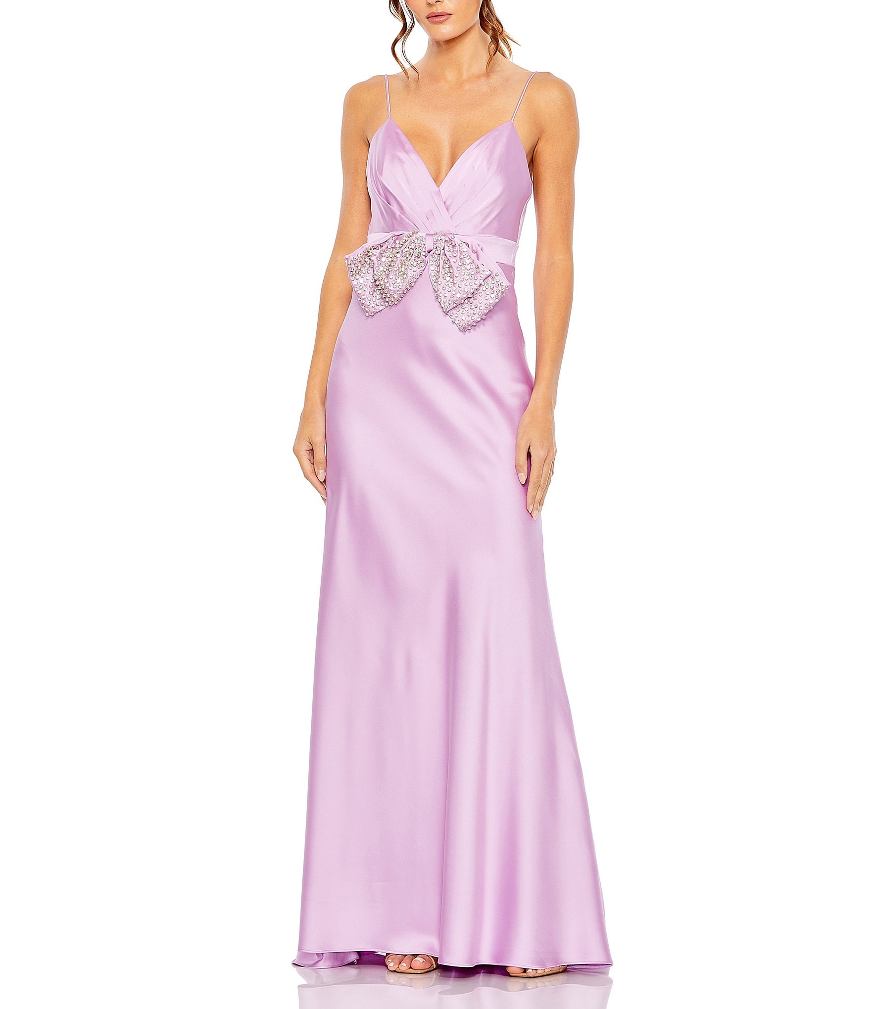 Mac Duggal Sweetheart Strapless Rhinestone Trim Bow Front Satin Charmeuse Column Gown