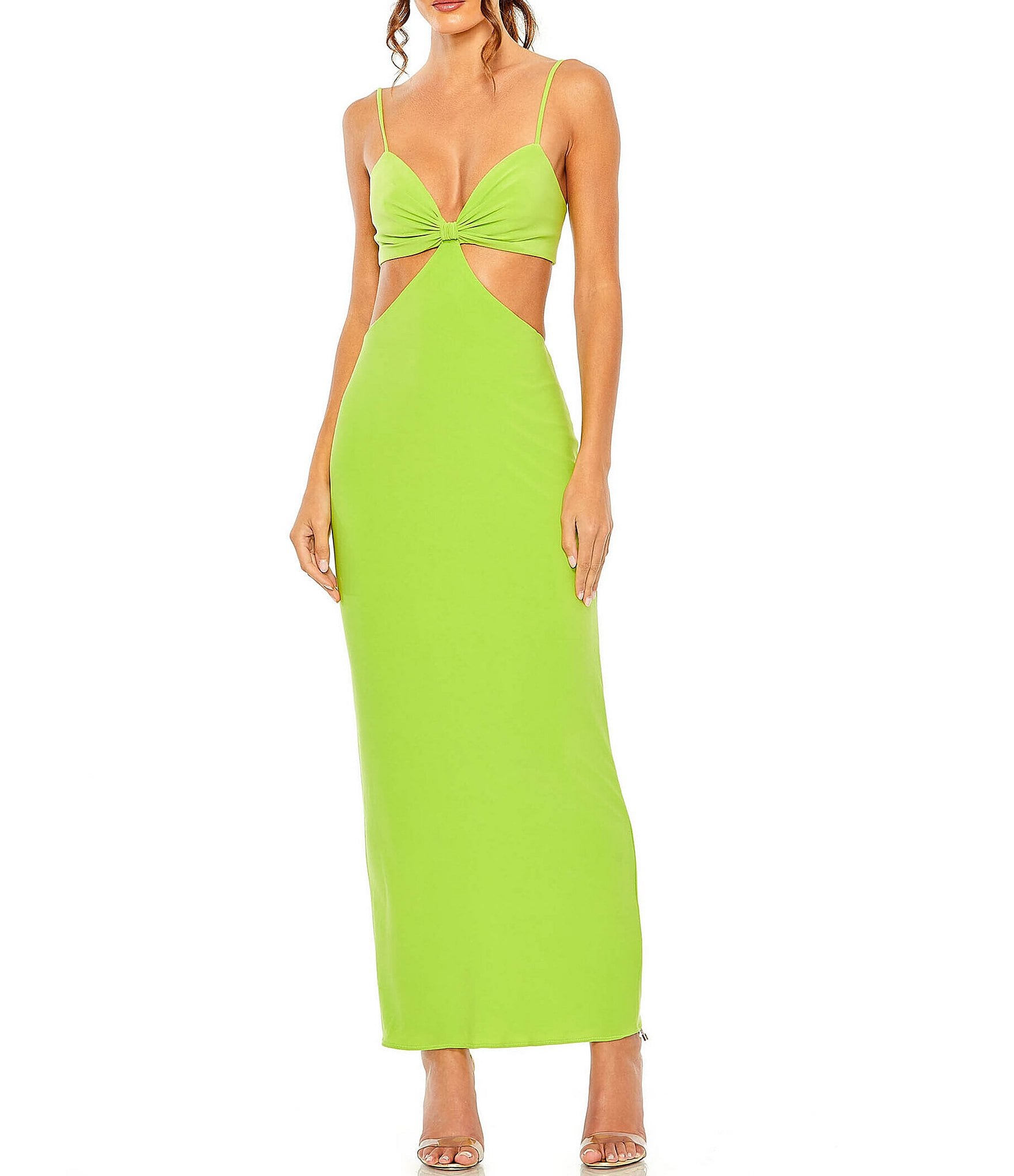 Mac Duggal Tie Back Cut Out Crepe Sleeveless Spaghetti Strap Twist ...