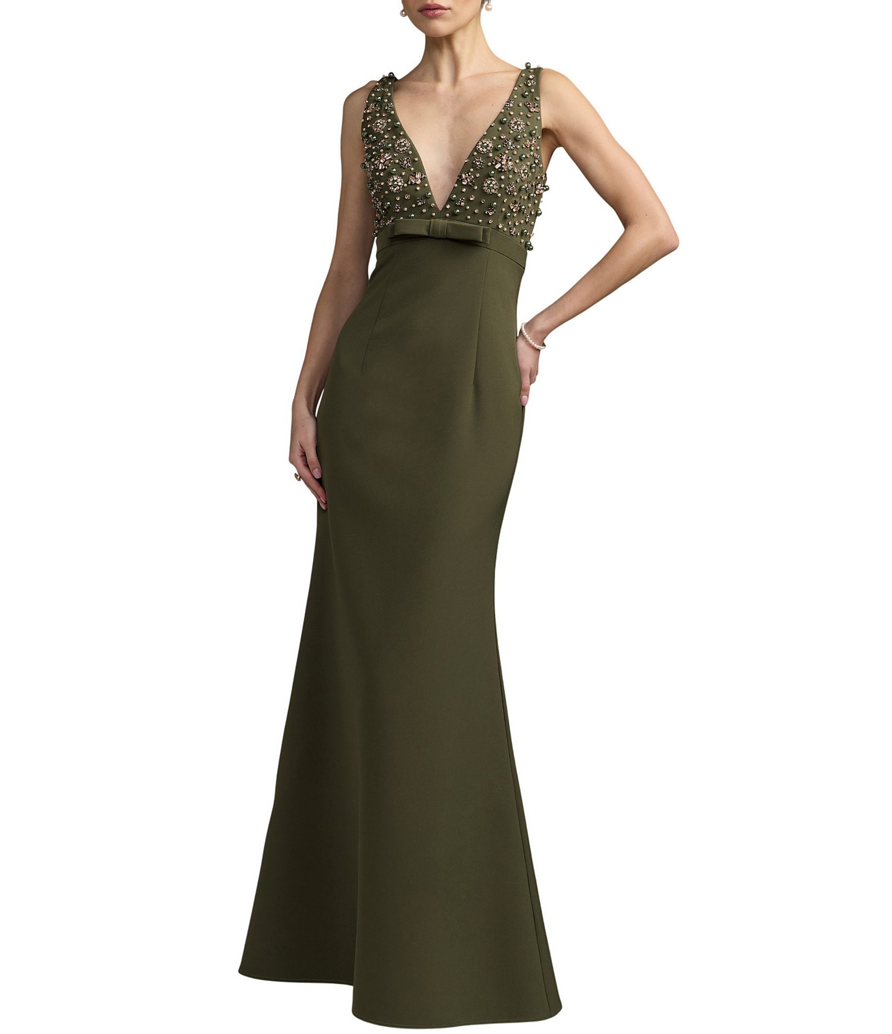 Mac Duggal V-Neck Beaded Bodice Crepe A-line Gown