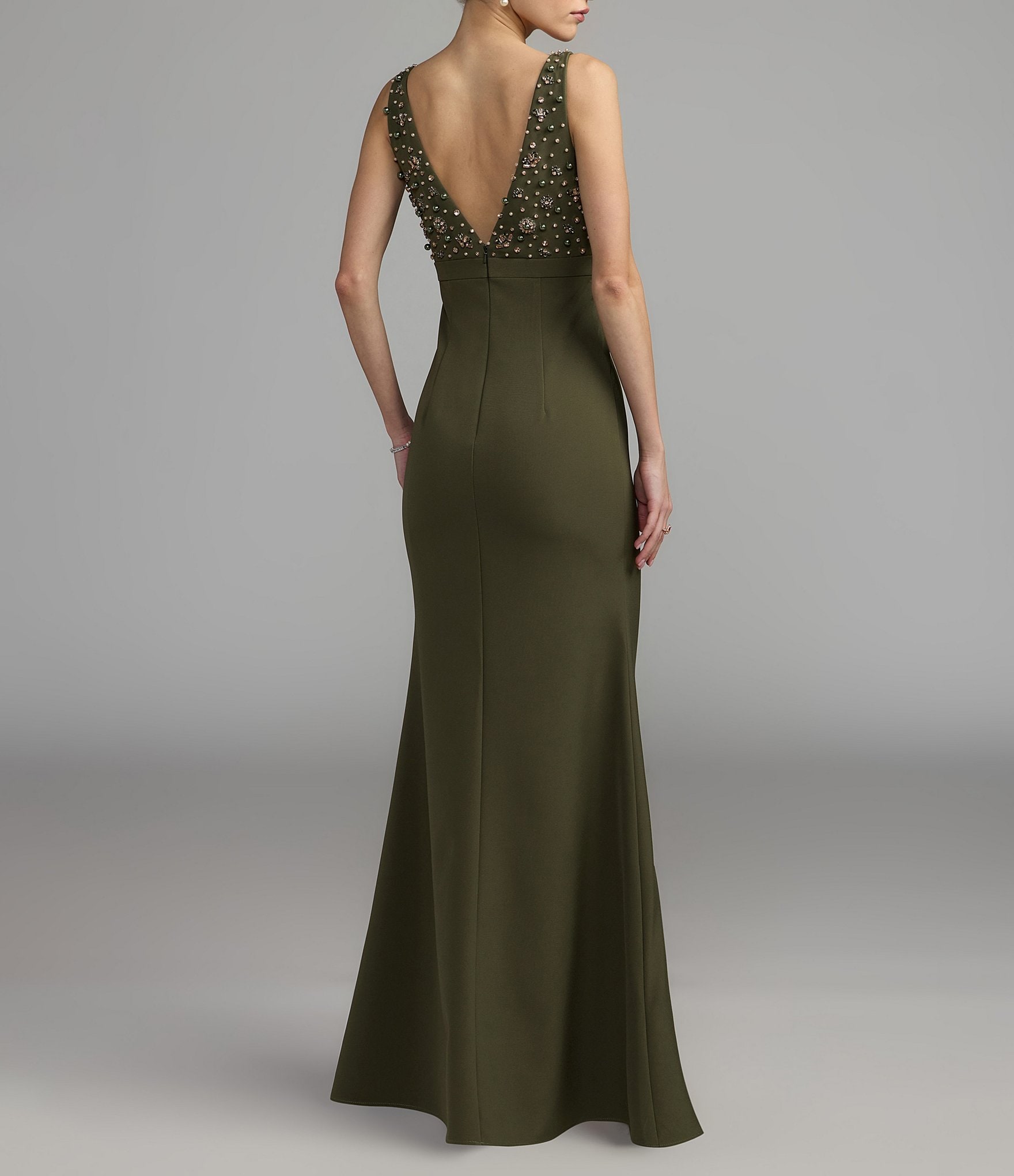 Mac Duggal V-Neck Beaded Bodice Crepe A-line Gown