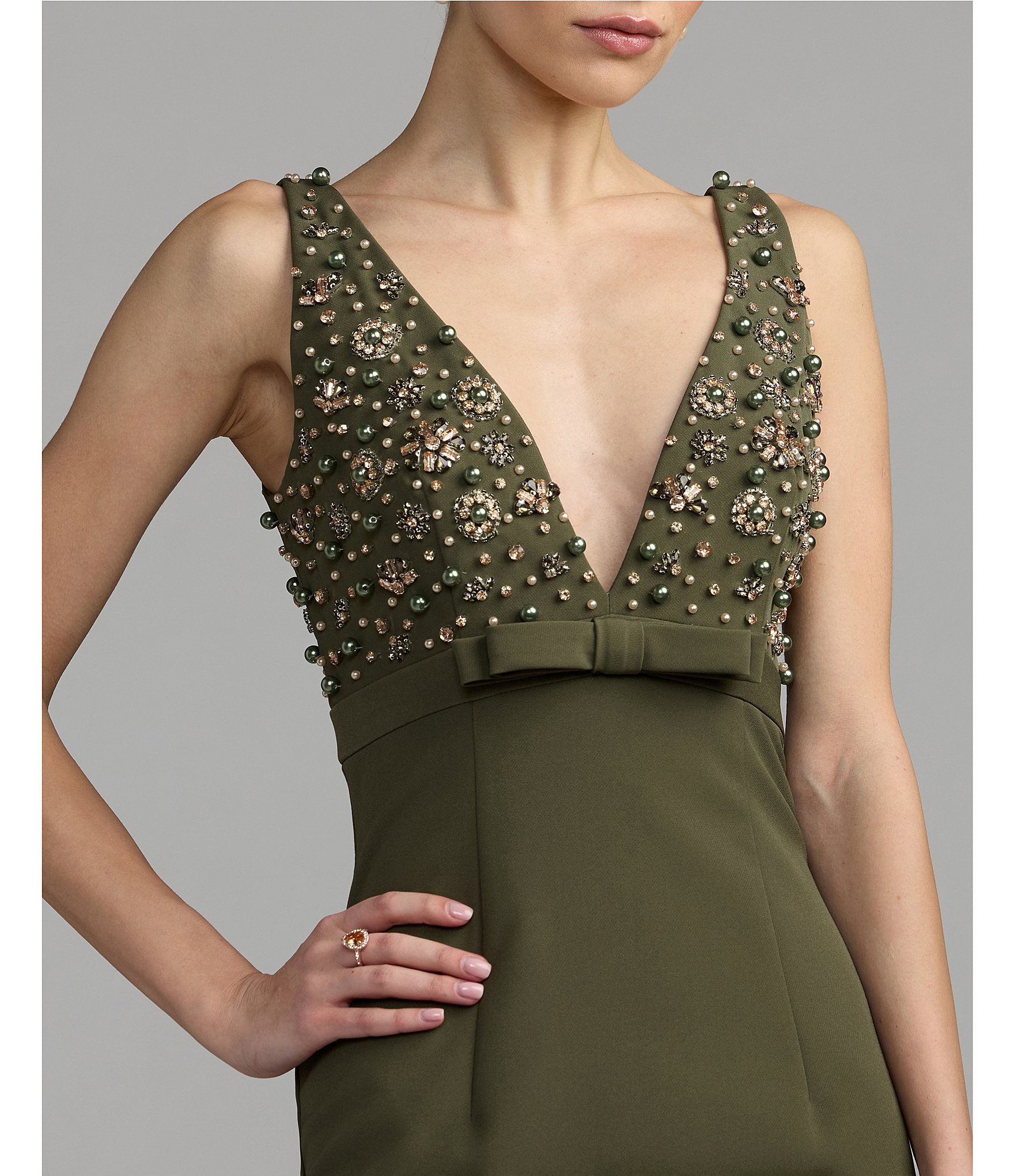 Mac Duggal V-Neck Beaded Bodice Crepe A-line Gown