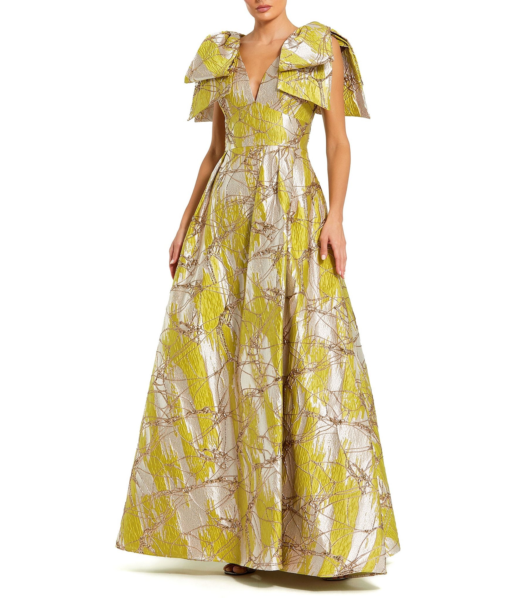 Mac Duggal V-Neck Brocade Gown With Bow Straps