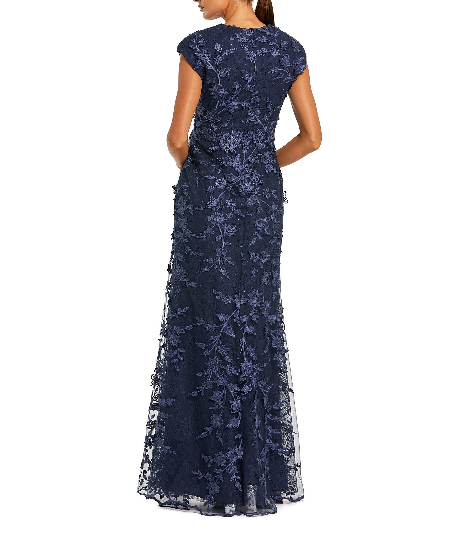 Mac Duggal V Neck Embroidered Mesh A Line Gown