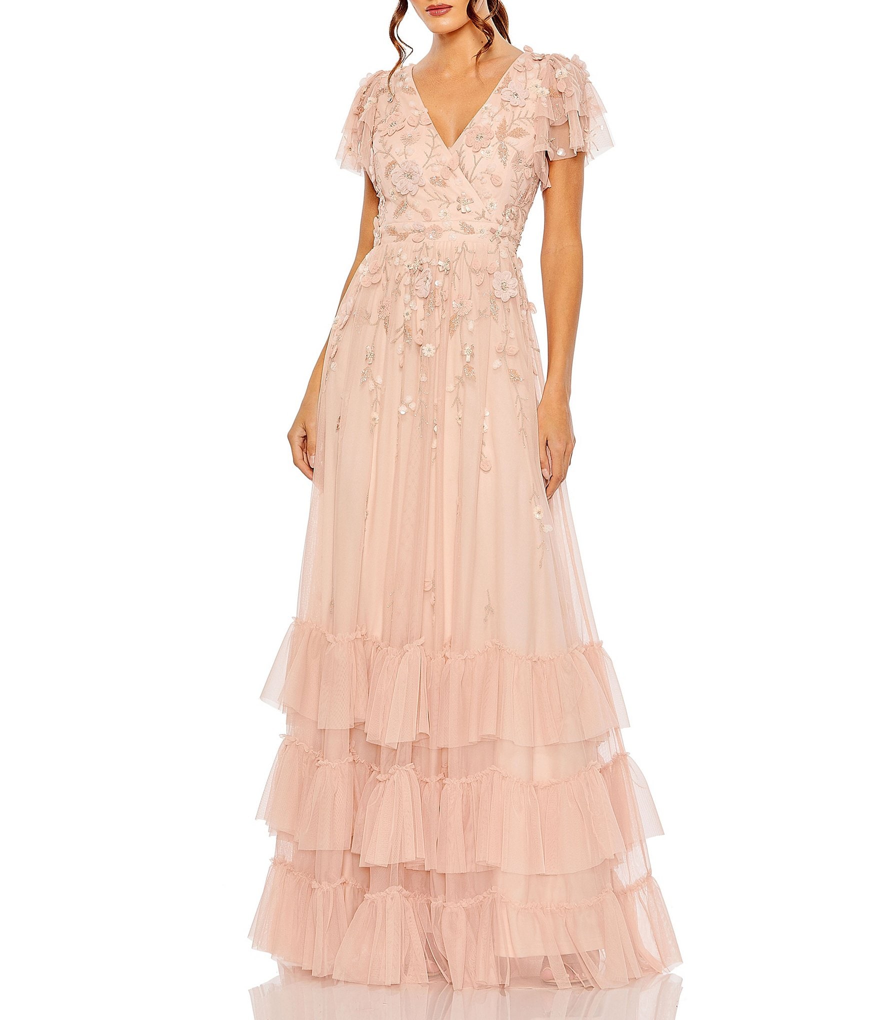 Mac Duggal V-Neck Flutter Sleeve Ruffle Tiered Embellished