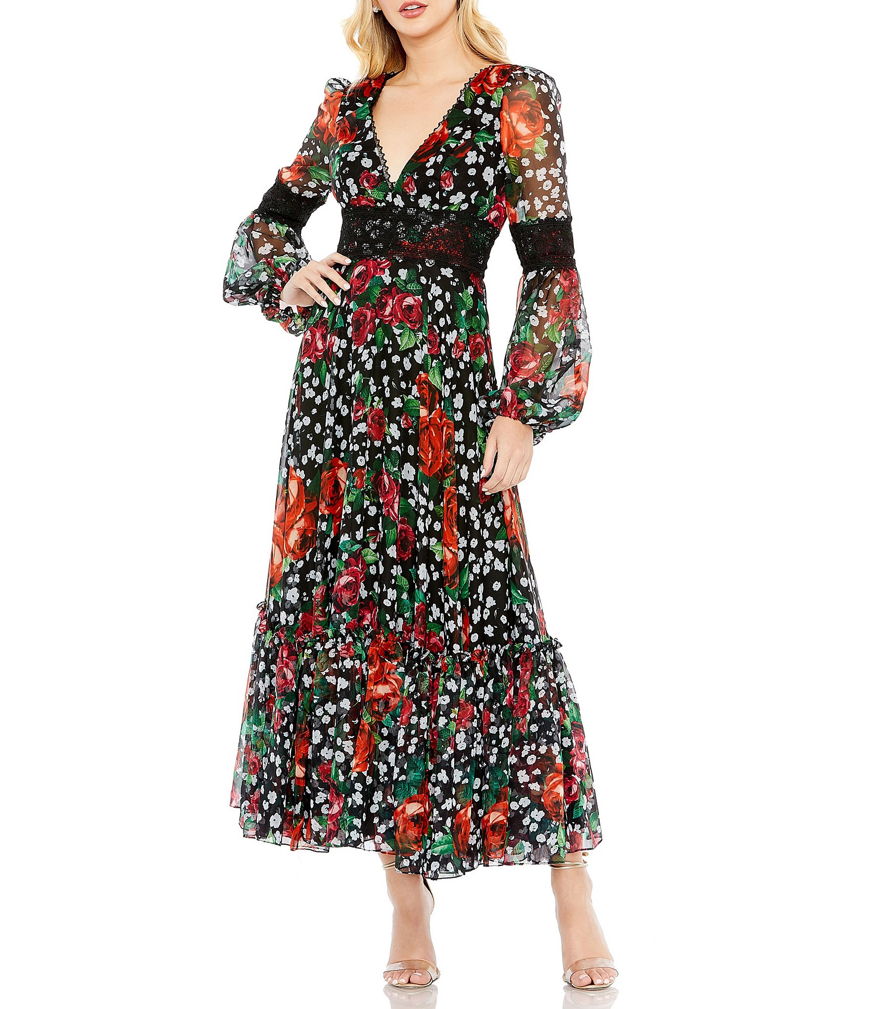 Mac Duggal V-Neck Lace Trim Printed Chiffon Long Sleeve Ruffle Hem Midi ...