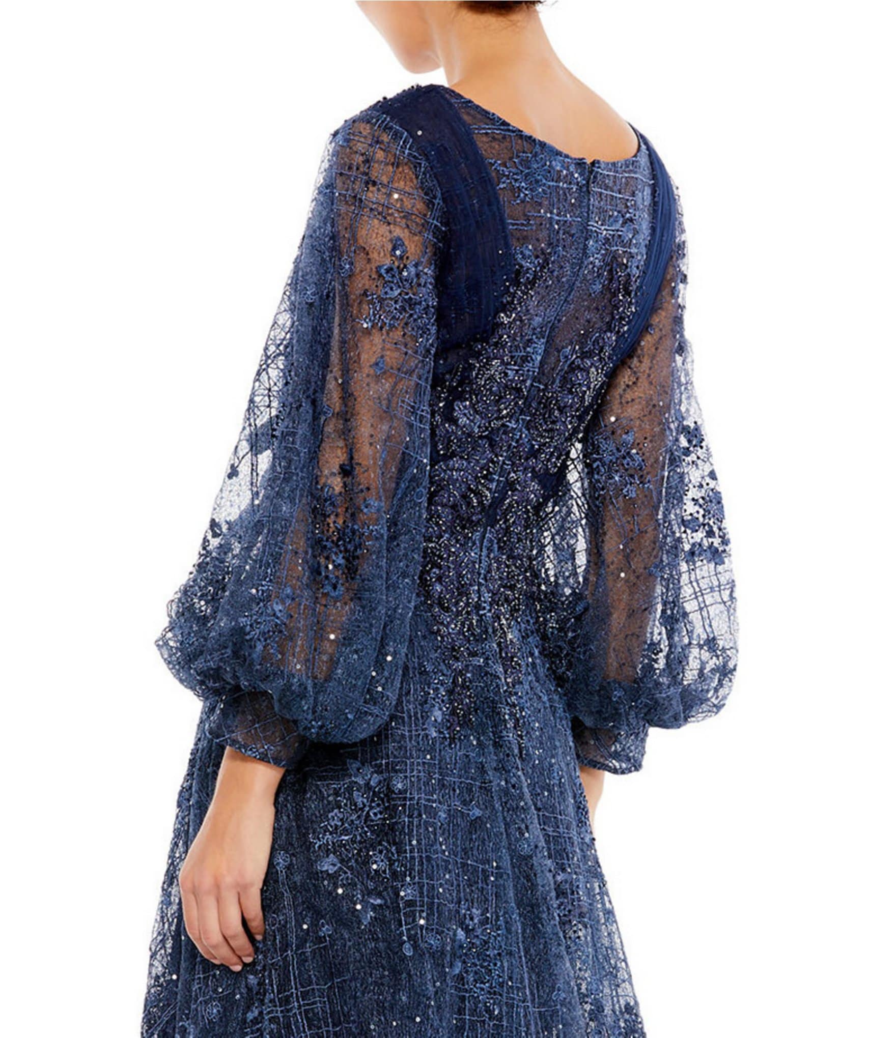 Mac Duggal Deep Mesh V-Neck Long Puff Sleeve Floral Gown