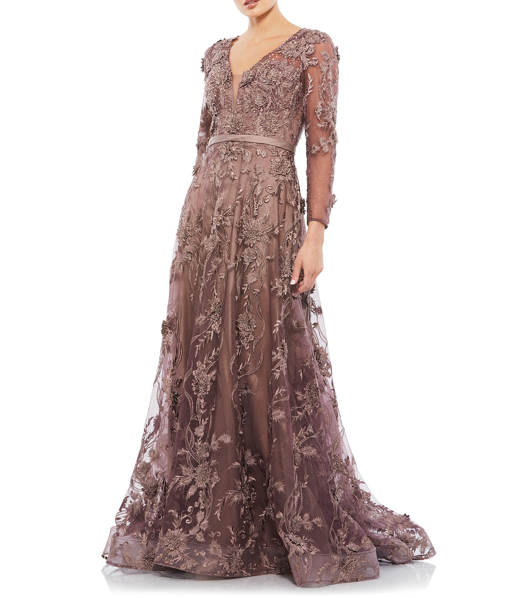 Mac Duggal V-Neck Long Sleeve A-Line Gown | Dillard's