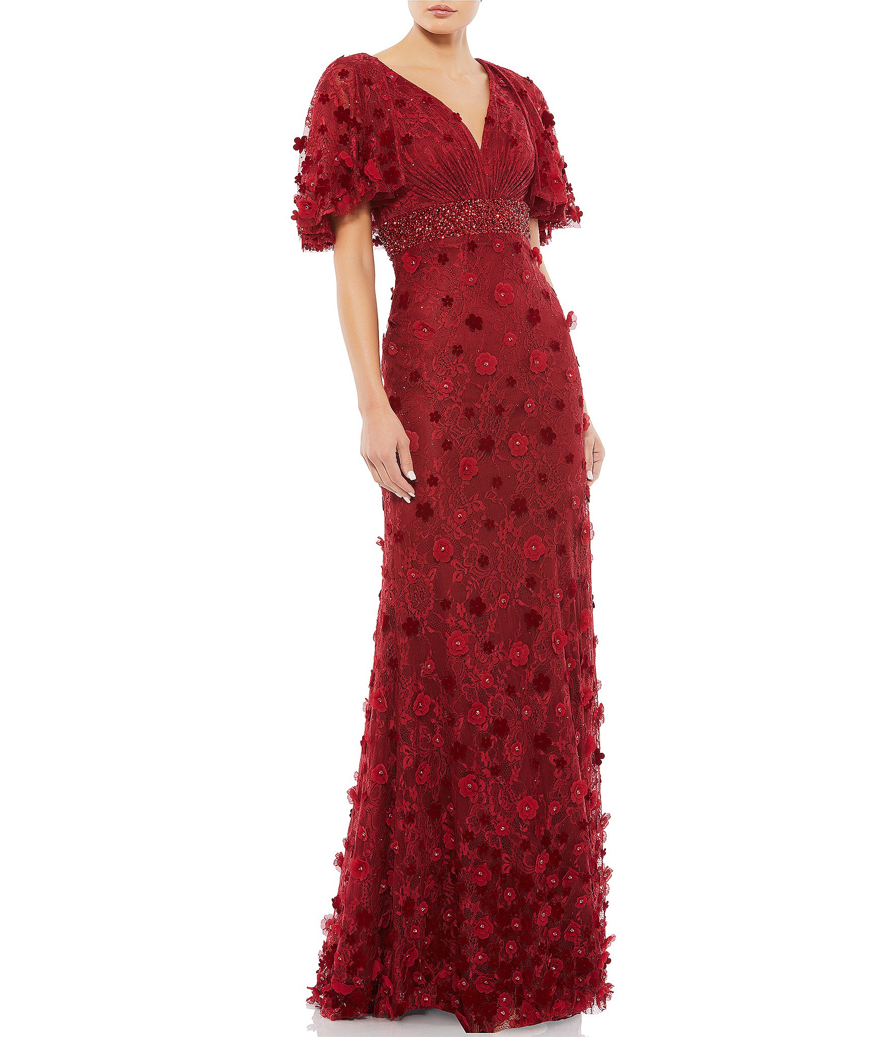 Mac Duggal V-Neck Short Flutter Sleeve Floral Pleated Cape Back Sheath ...