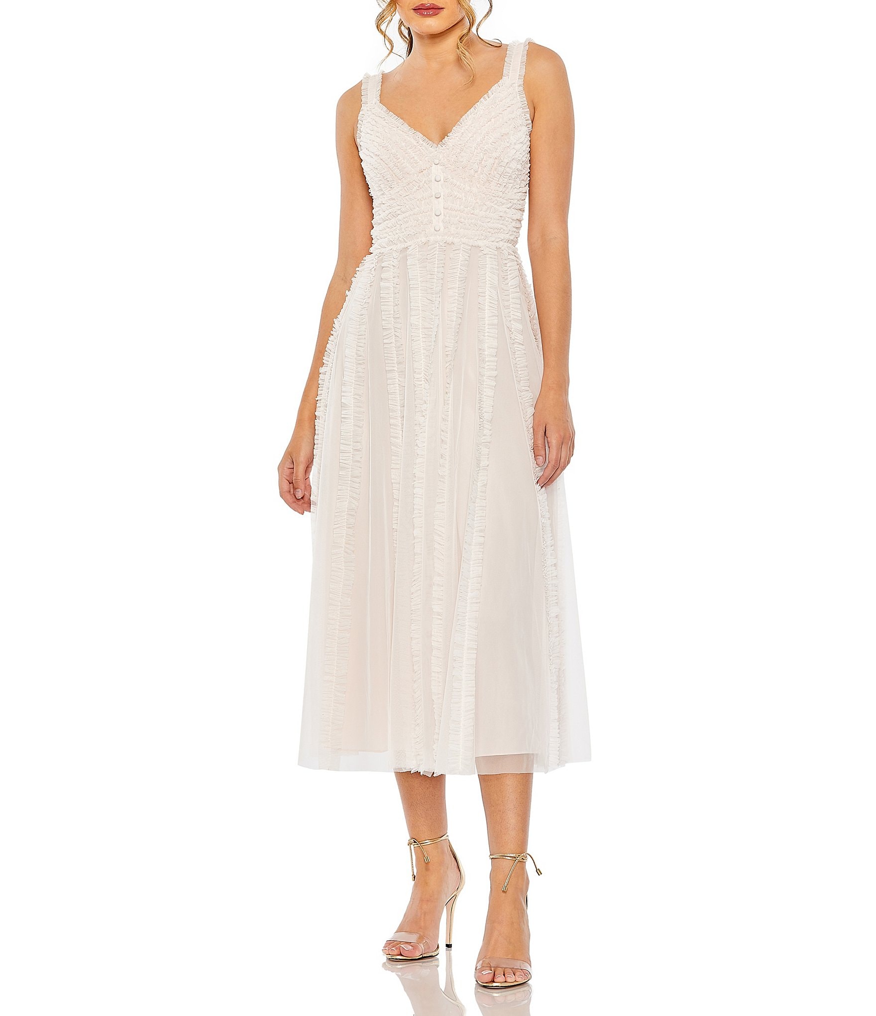 Mac Duggal V-Neck Tiered Ruffled A-Line Midi Dress | Dillard's