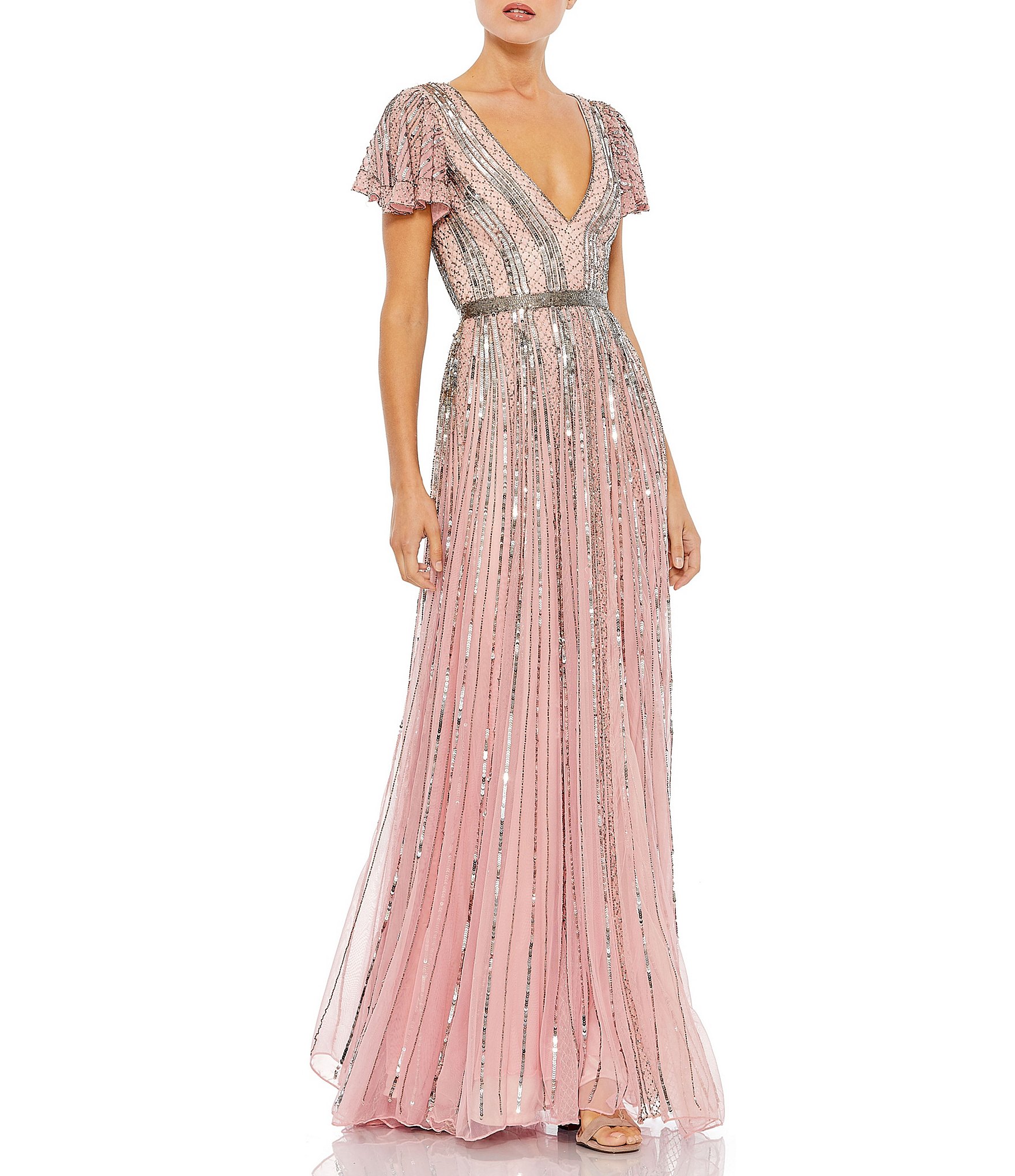 Mac Duggal Vneck Short Flutter Sleeve Stripe Sequin Aline Gown