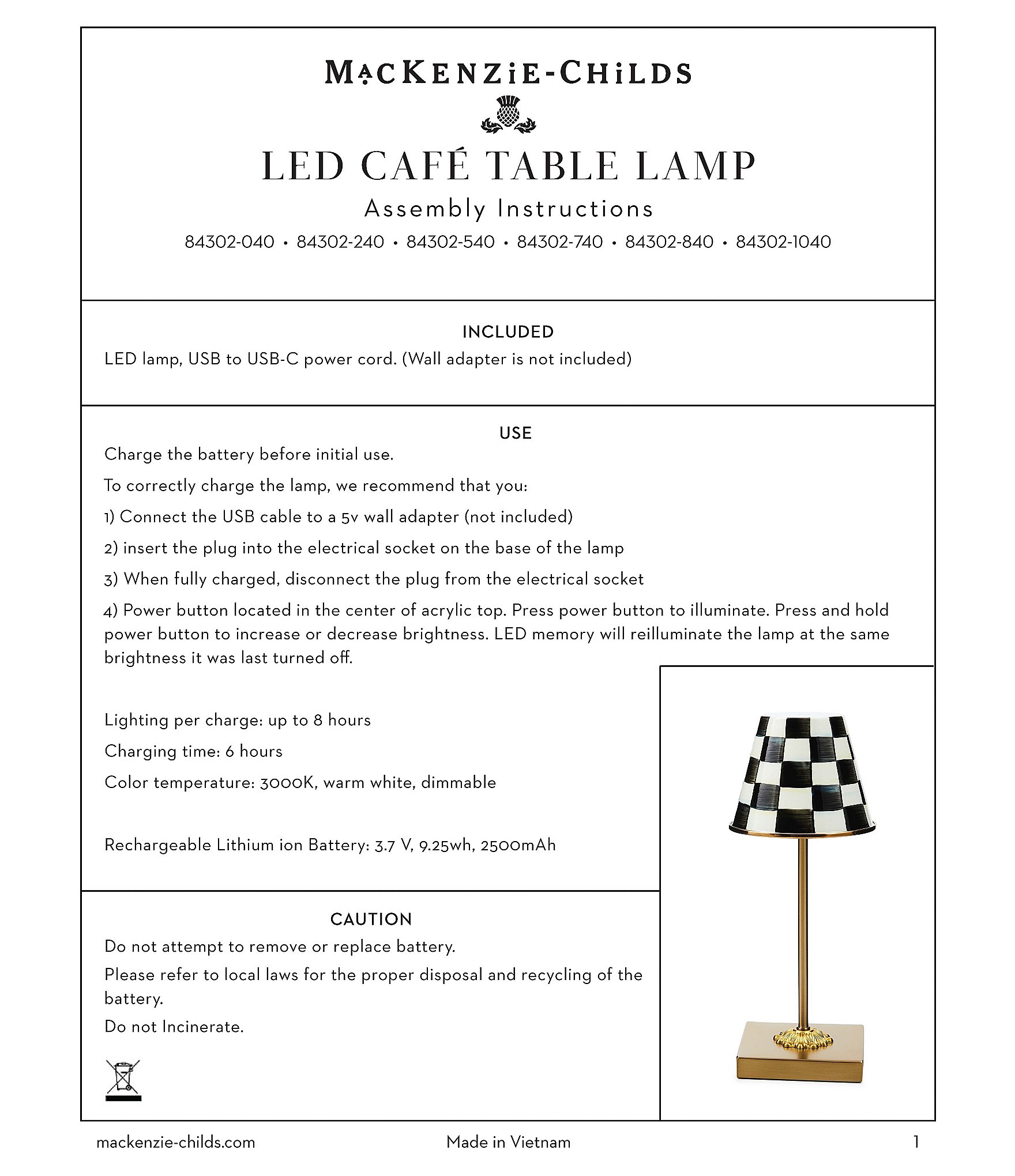 MacKenzie-Childs Check LED Rechargeable Cafe Table Lamp