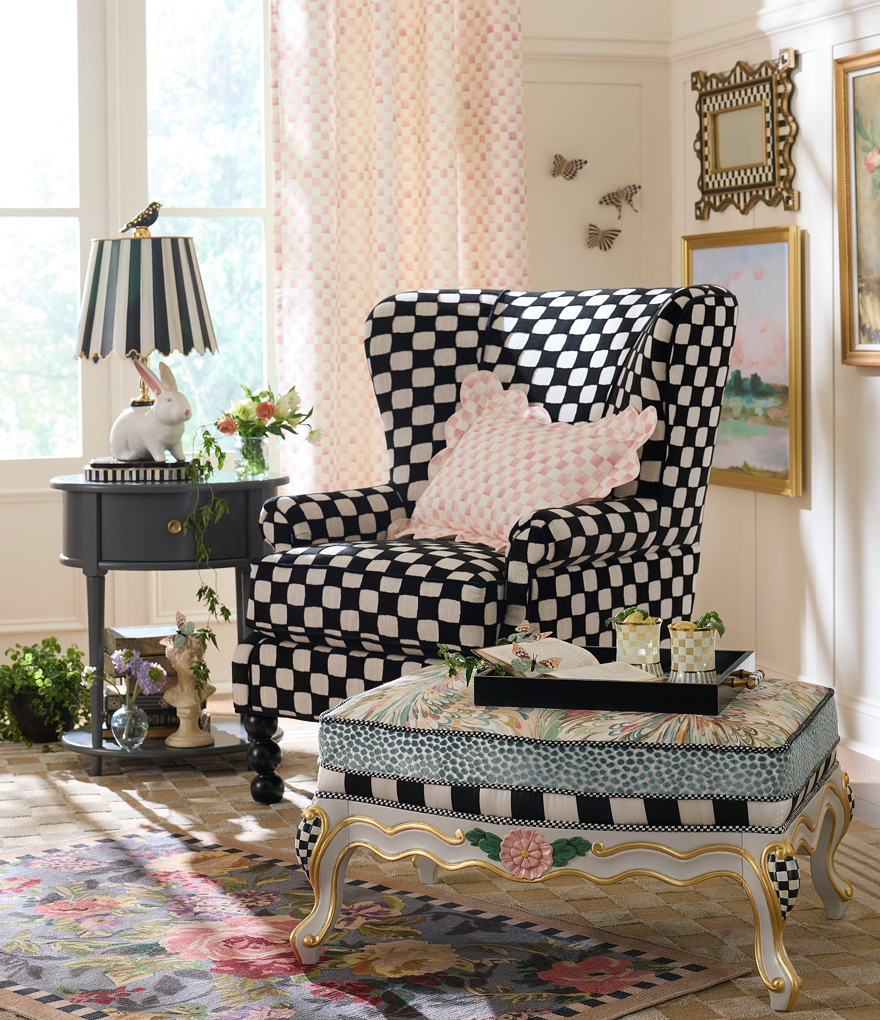 MacKenzie-Childs Check Reversible Scalloped Lumbar Throw Pillow