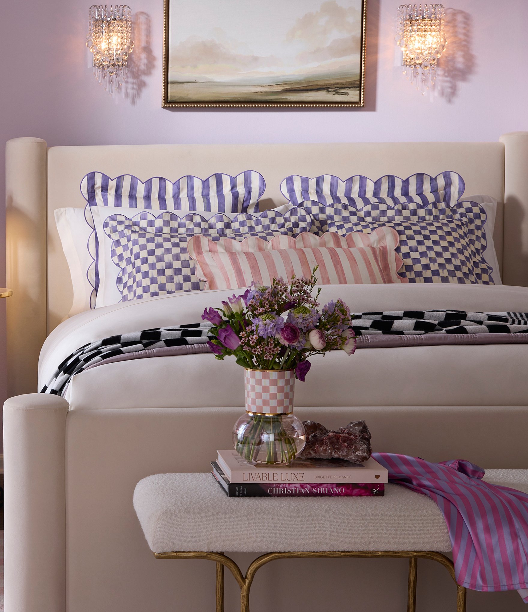 MacKenzie-Childs Check Reversible Scalloped Lumbar Throw Pillow