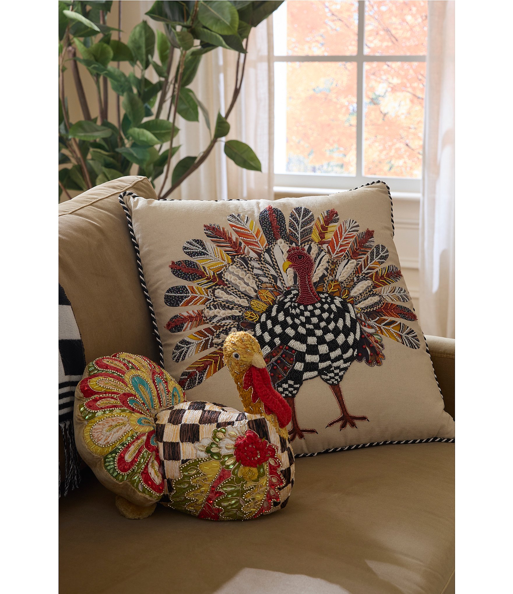 MacKenzie-Childs Harvest Turkey Checked Embellished Square Pillow