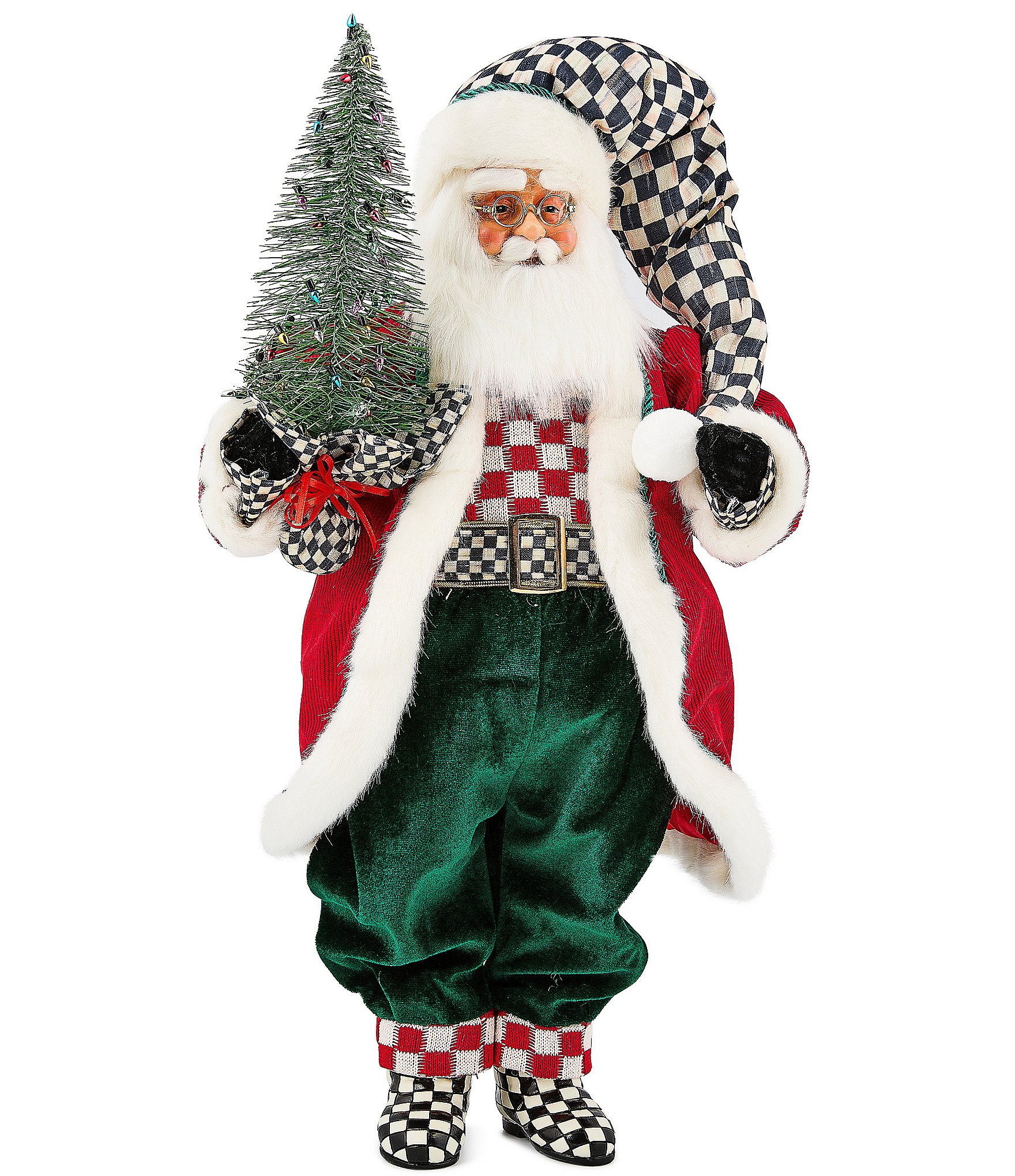 MacKenzie-Childs Holiday Collection Check It Out Fabric Santa With Tree Figurine