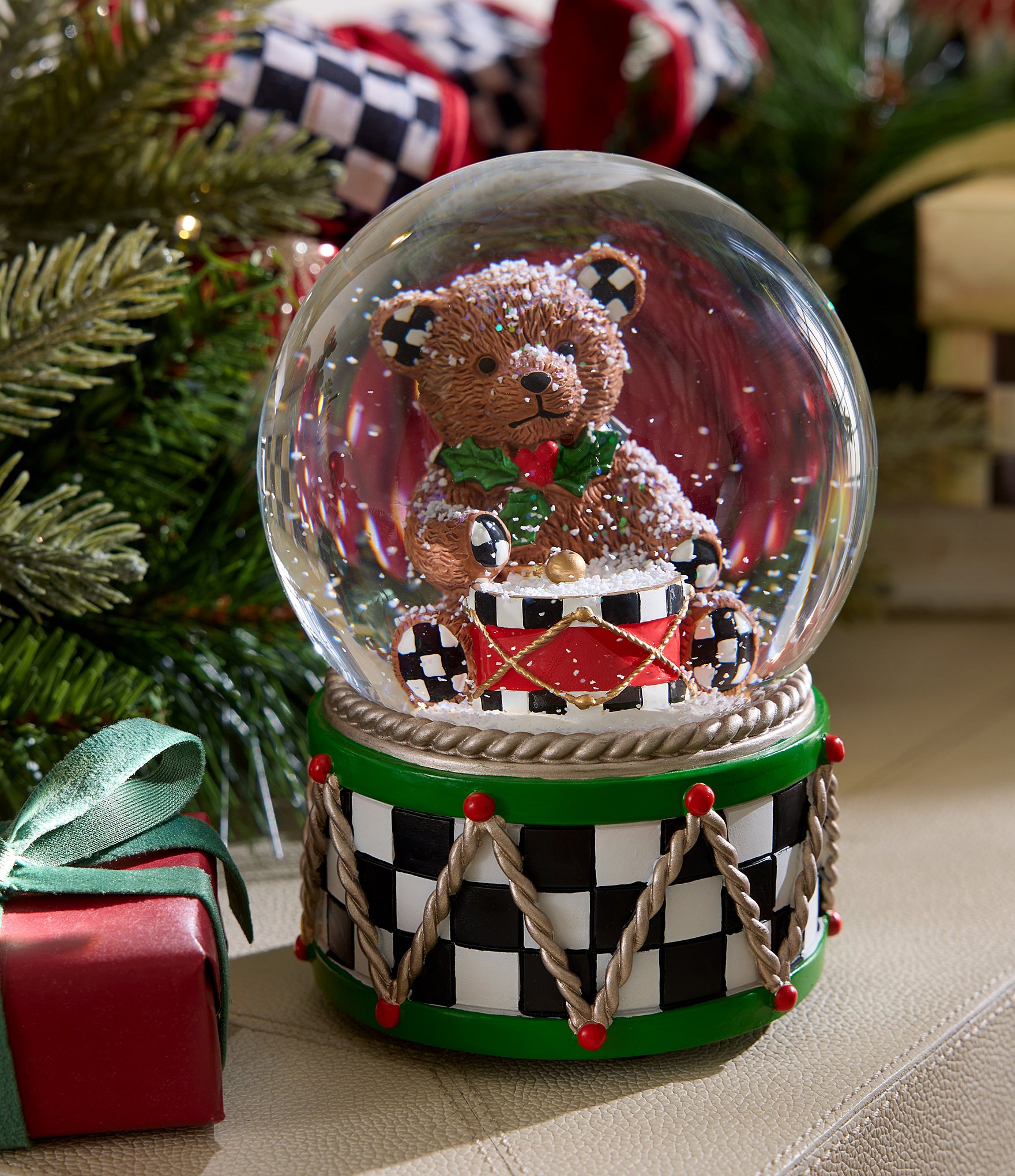 MacKenzie-Childs Holly Bear Check Snow Globe