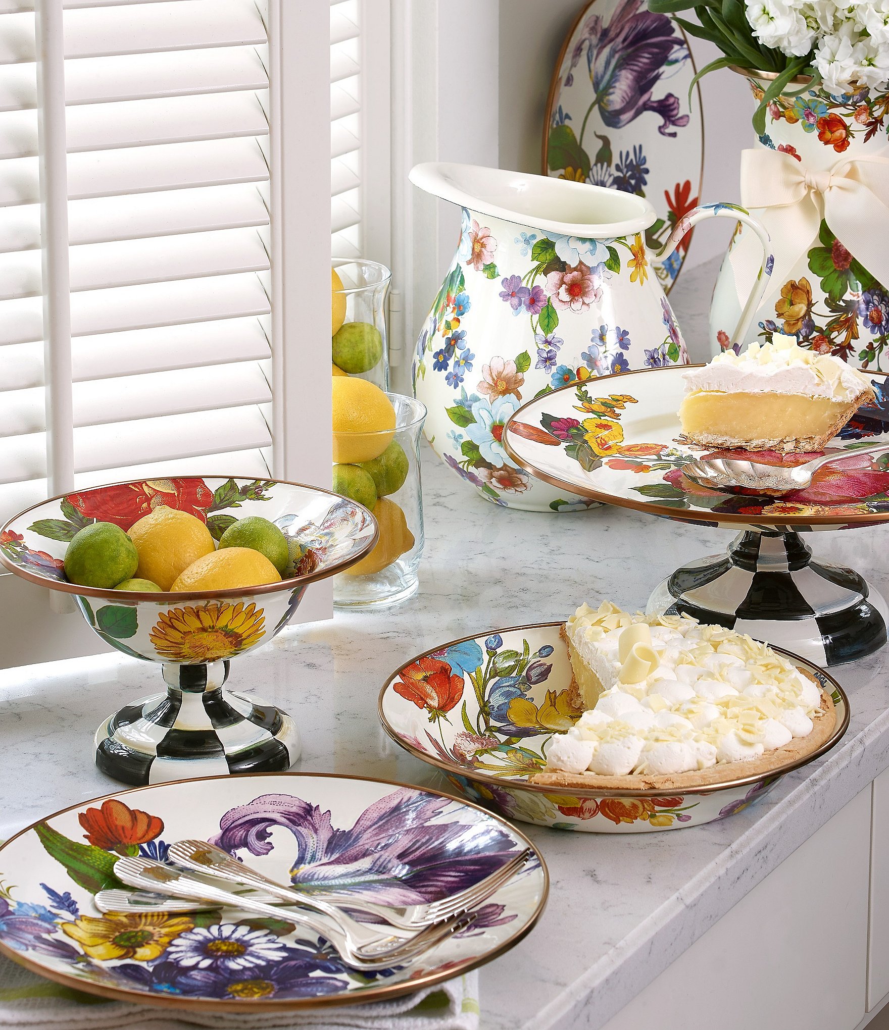 MacKenzie-Childs White Flower Market Footed Compote