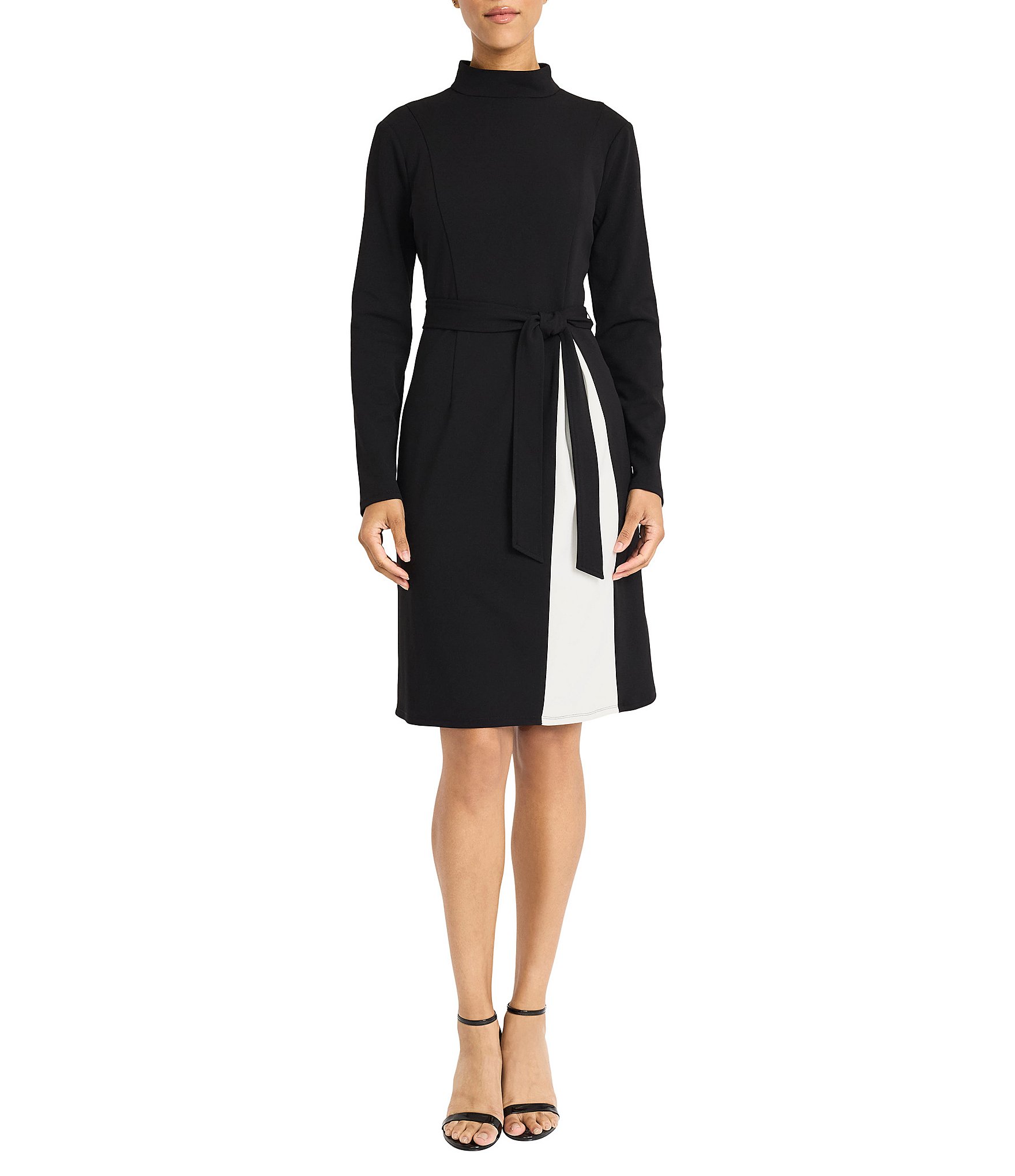 Maggy London Color Block Scuba Crepe Mock Beck Long Sleeve Self-Tie Belt A-Line Midi Dress