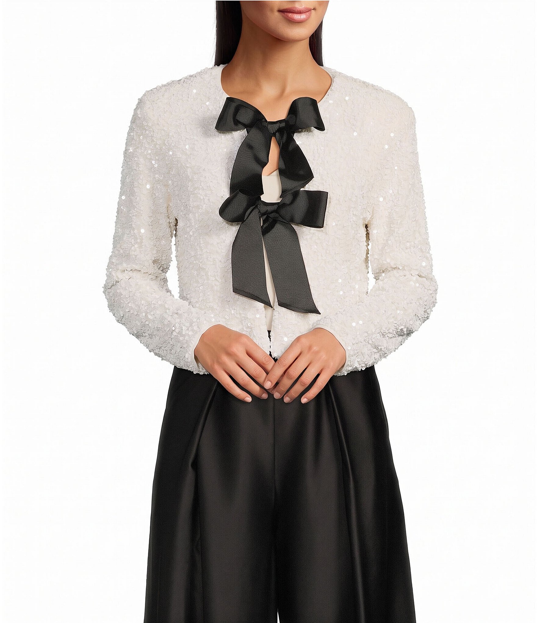 Maggy London Double Satin Bow Allover Sequin Velvet Jacket