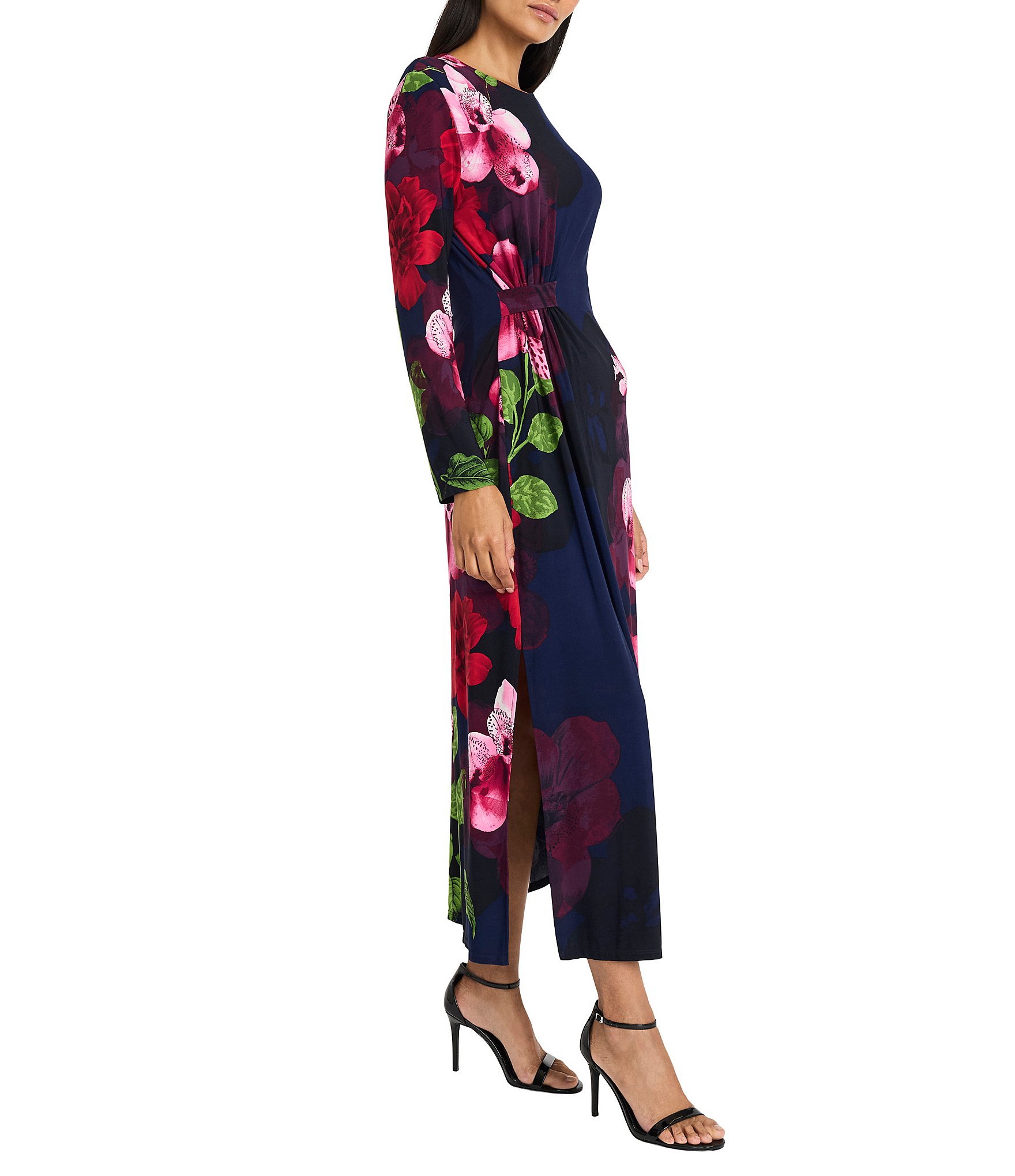 Maggy London Floral Print Jersey Knit Boat Neck Long Sleeve Asymmetrical A-Line Dress