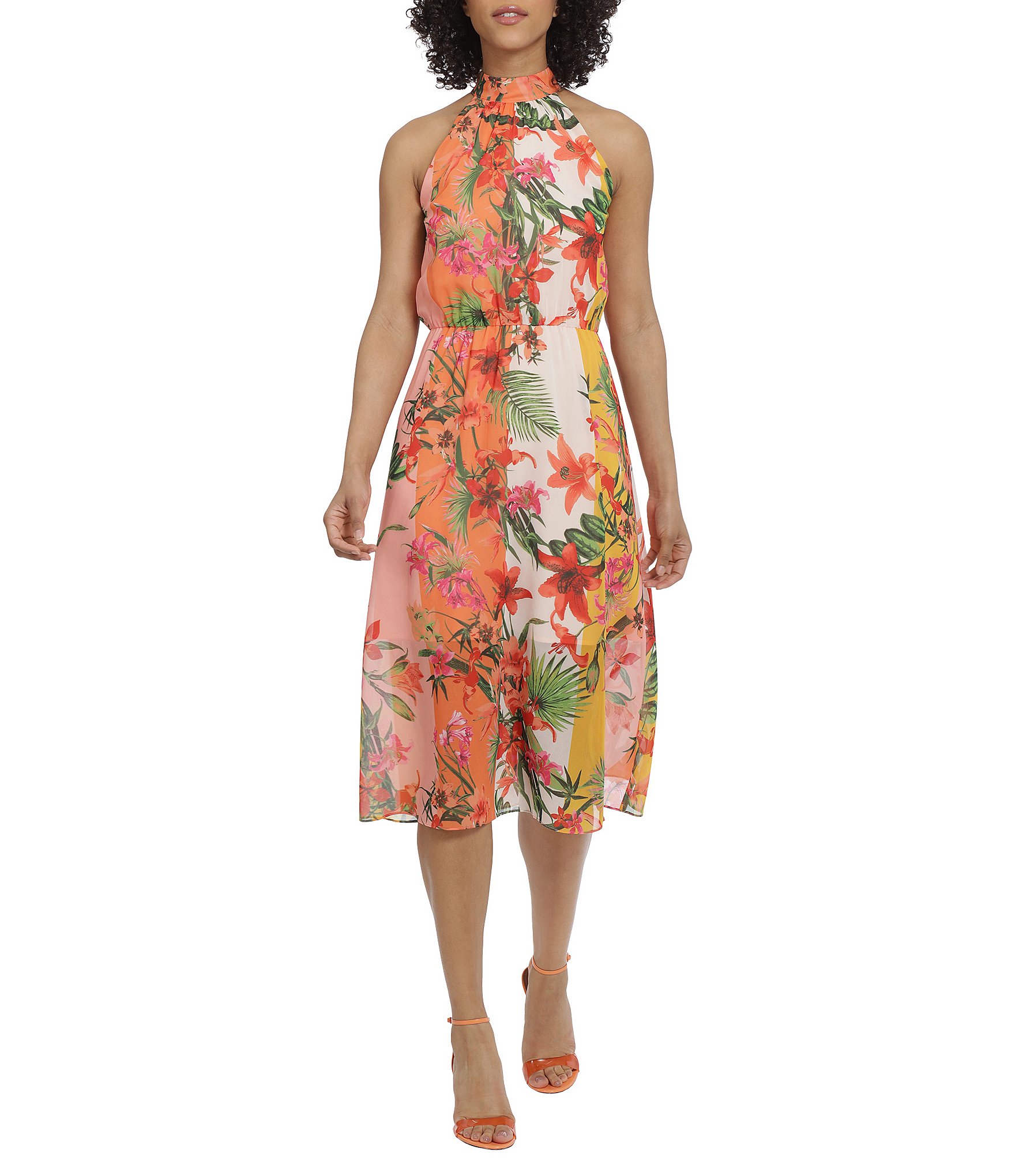 Maggy London Floral Print Mock Halter Neck Sleeveless Midi Dress