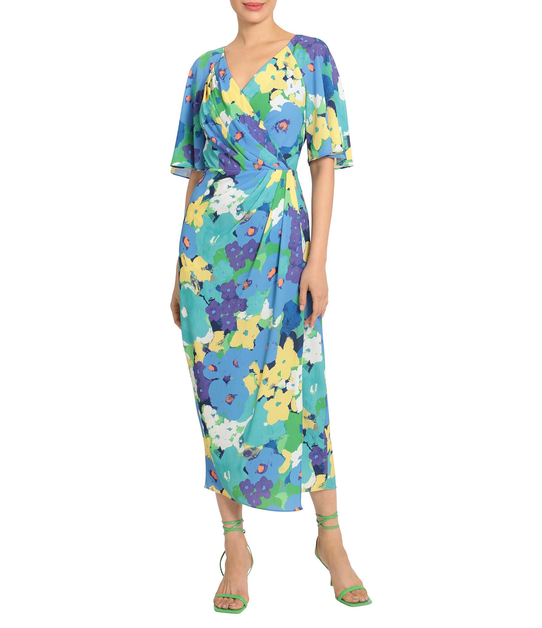 Maggy London Floral Print V-Neck Short Sleeve Faux Wrap Dress | Dillard's