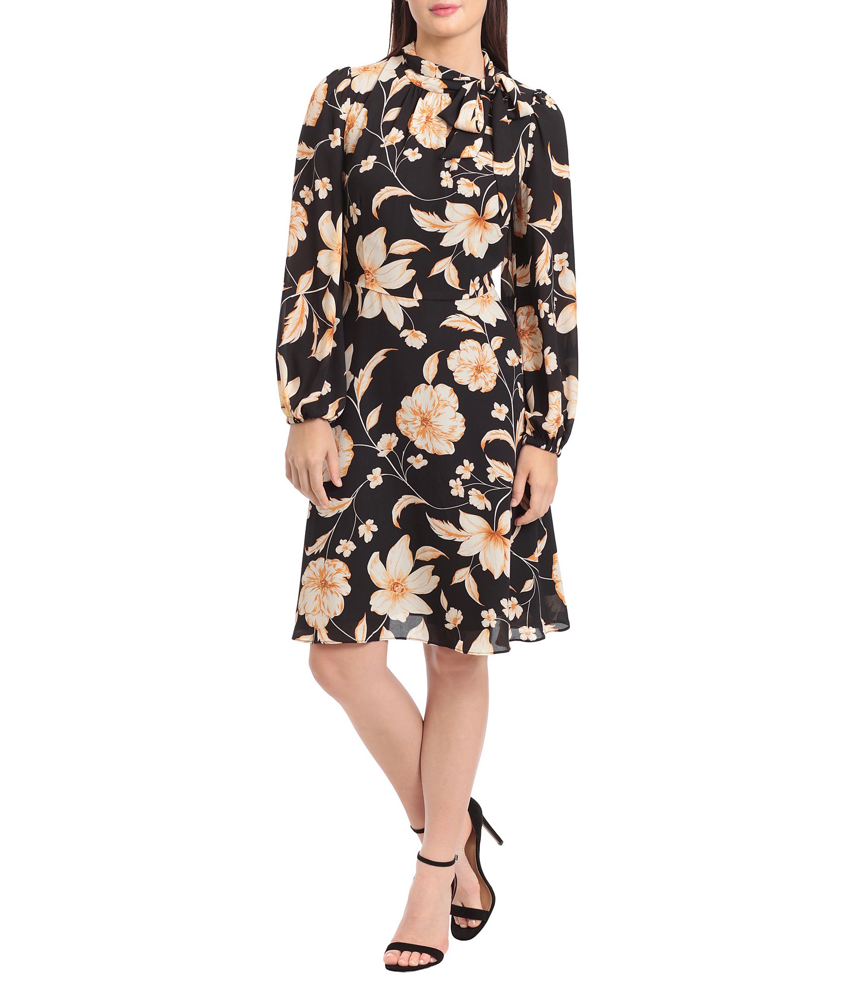 Maggy London Floral Printed Tie Mock Neck Long Sleeve Shift Dress ...