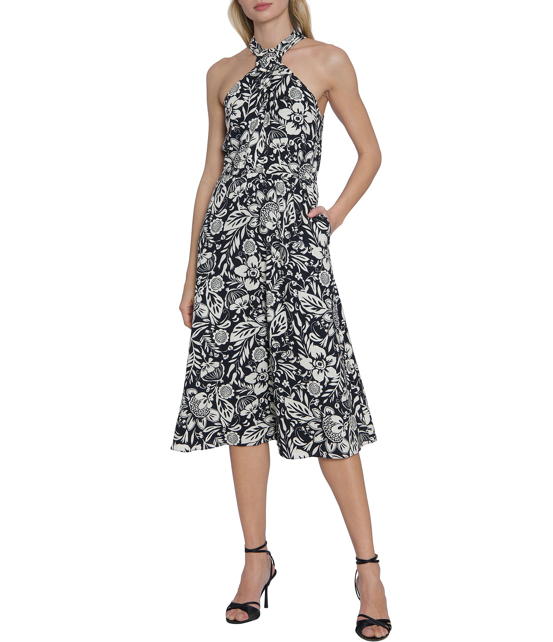 Maggy London Halter Floral Print Linen Blend Halter Neck Sleeveless ...