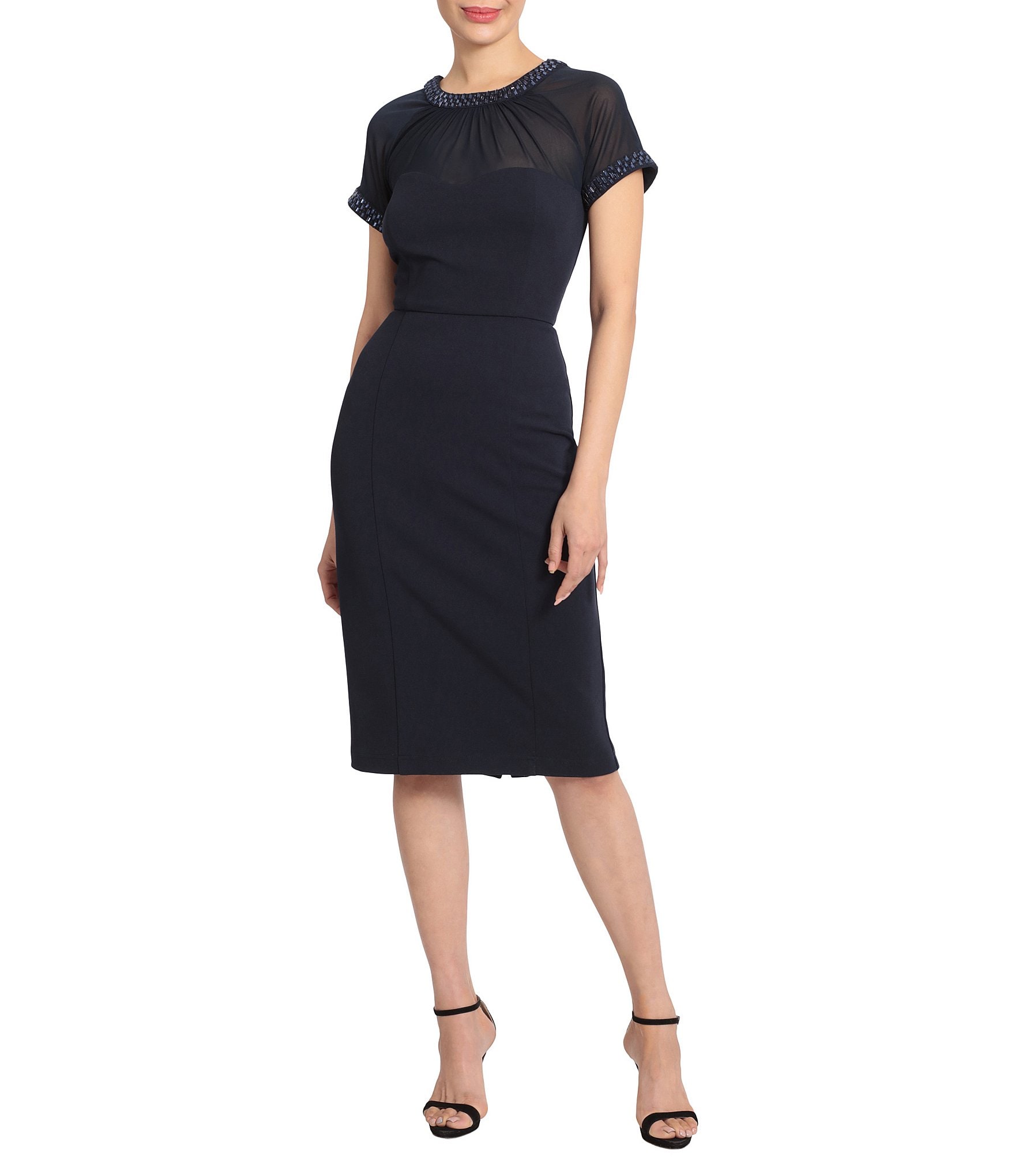 Maggy London Illusion Beaded Jewel Neck Short Sleeve Dress | Dillard's
