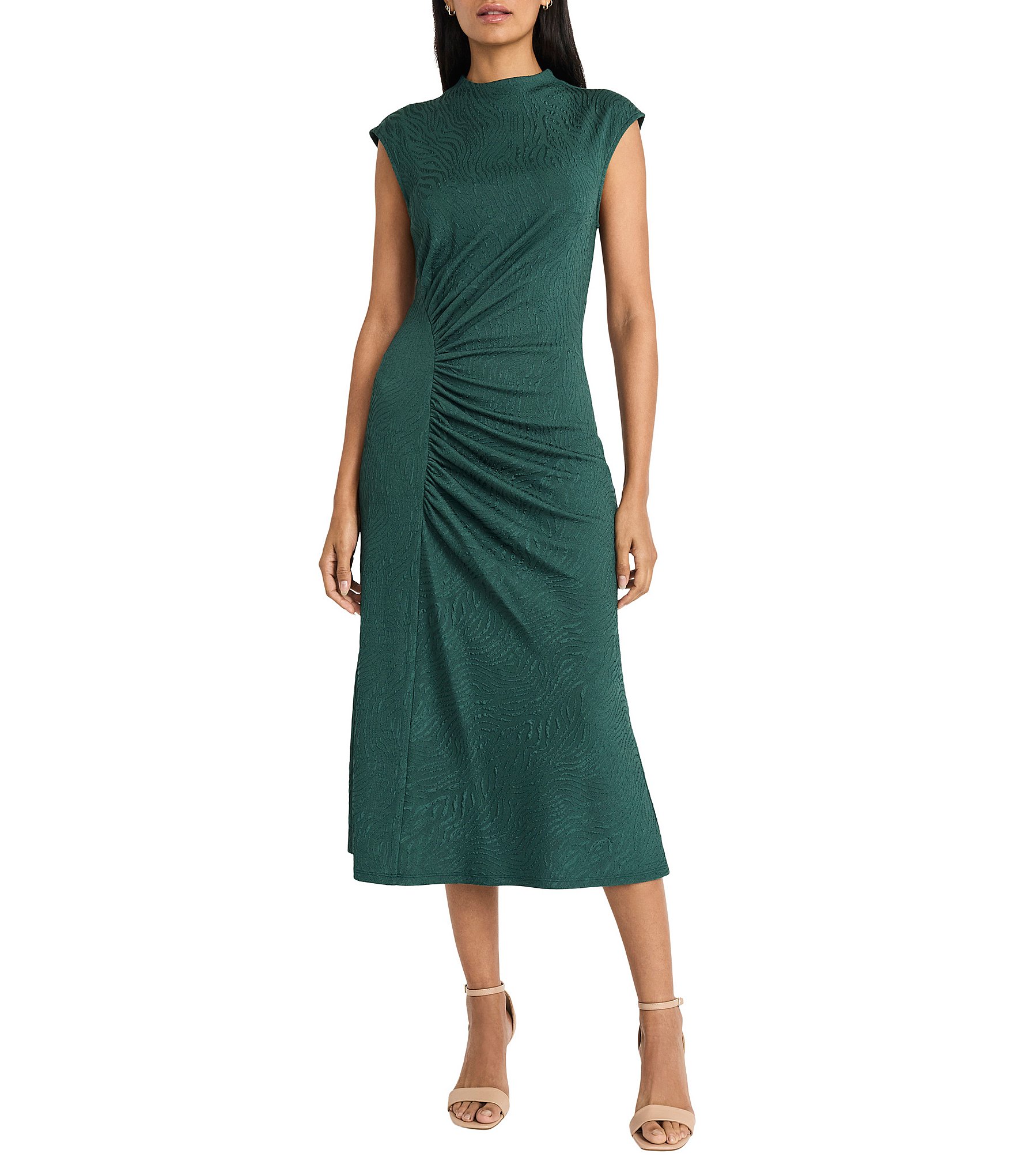 Maggy London Mock Neck Ruched Jacquard Midi Dress