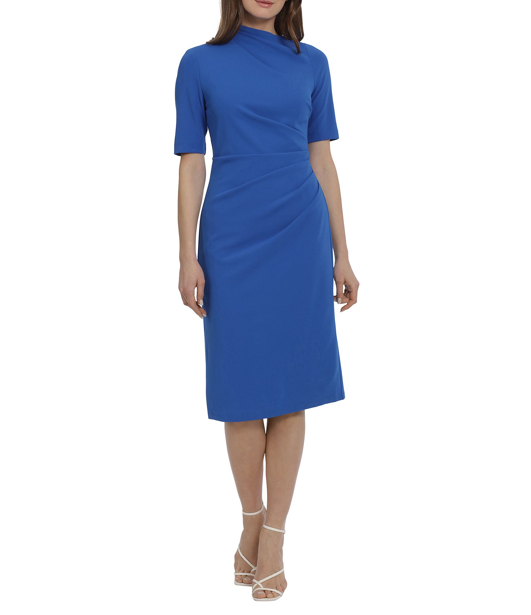 Maggy London Mock Neck Short Sleeve Draped Midi Sheath Dress | Dillard's