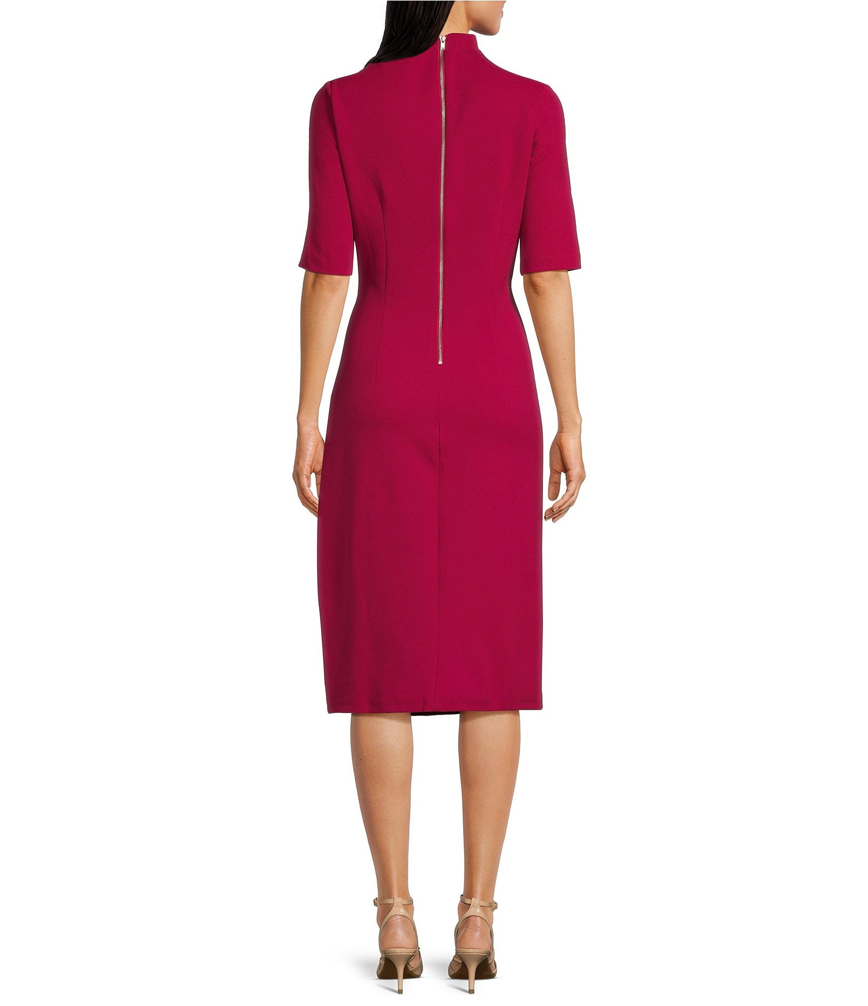 Maggy London Mock Neck Short Sleeve Draped Midi Sheath Dress