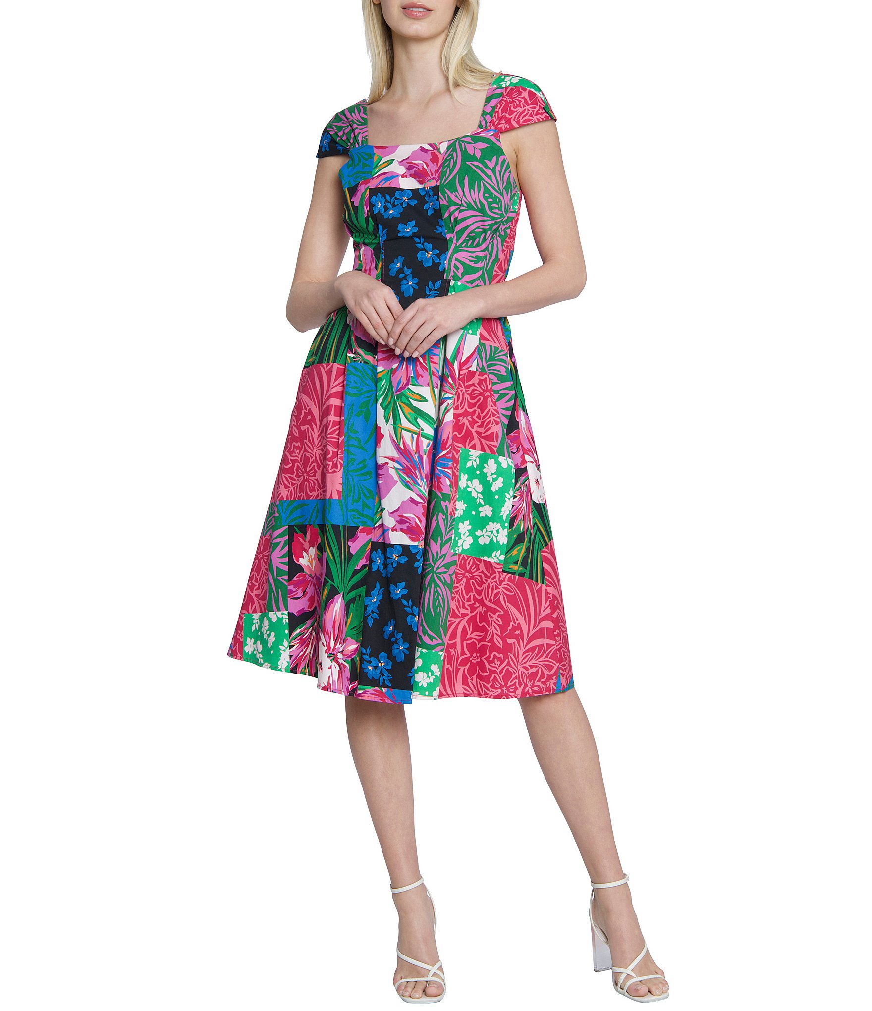 Maggy London Printed poplin Square Neck Cap Sleeve Dress | Dillard's