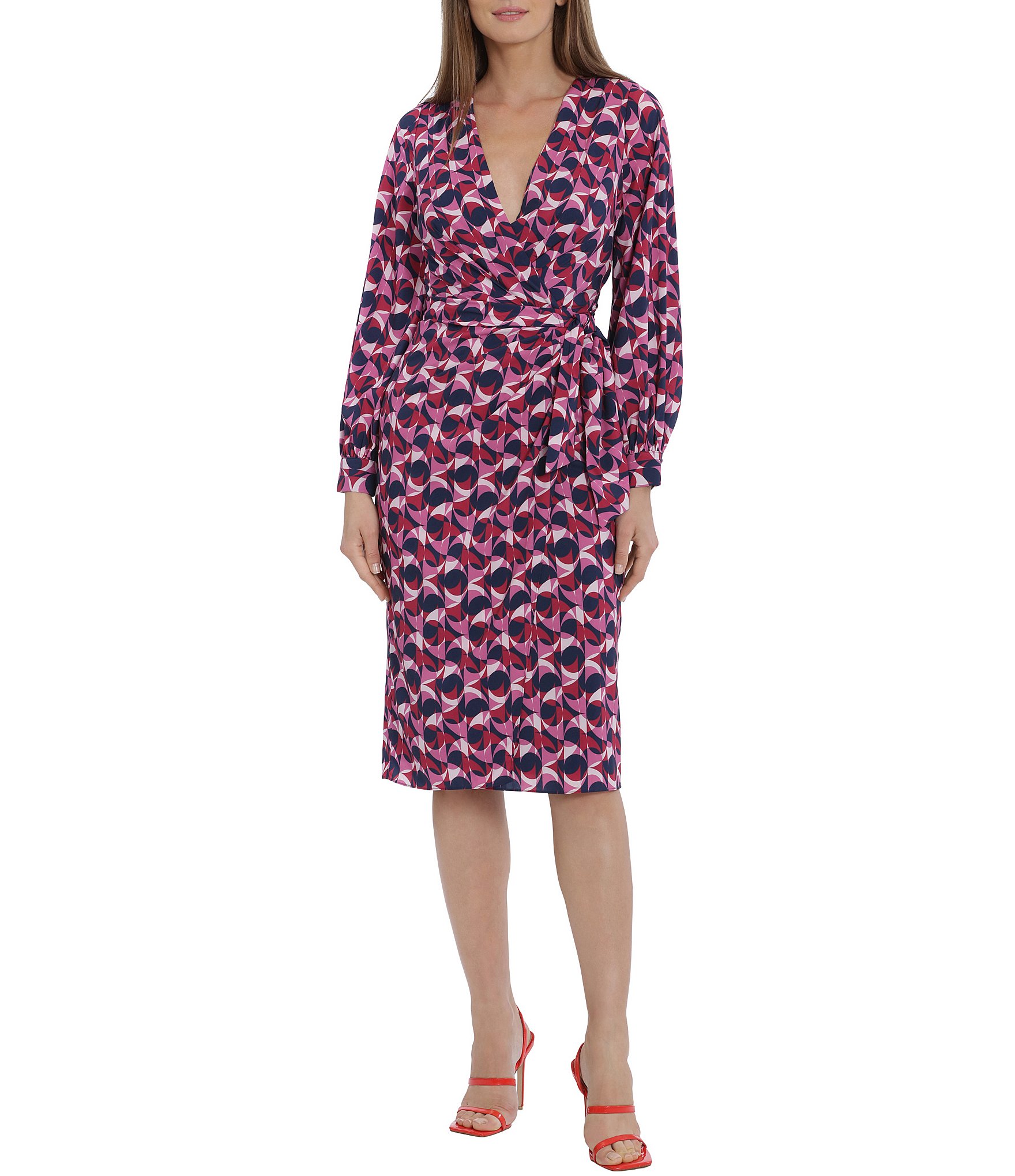 Maggy London Printed V-Neckline Long Sleeve Faux Wrap Dress | Dillard's